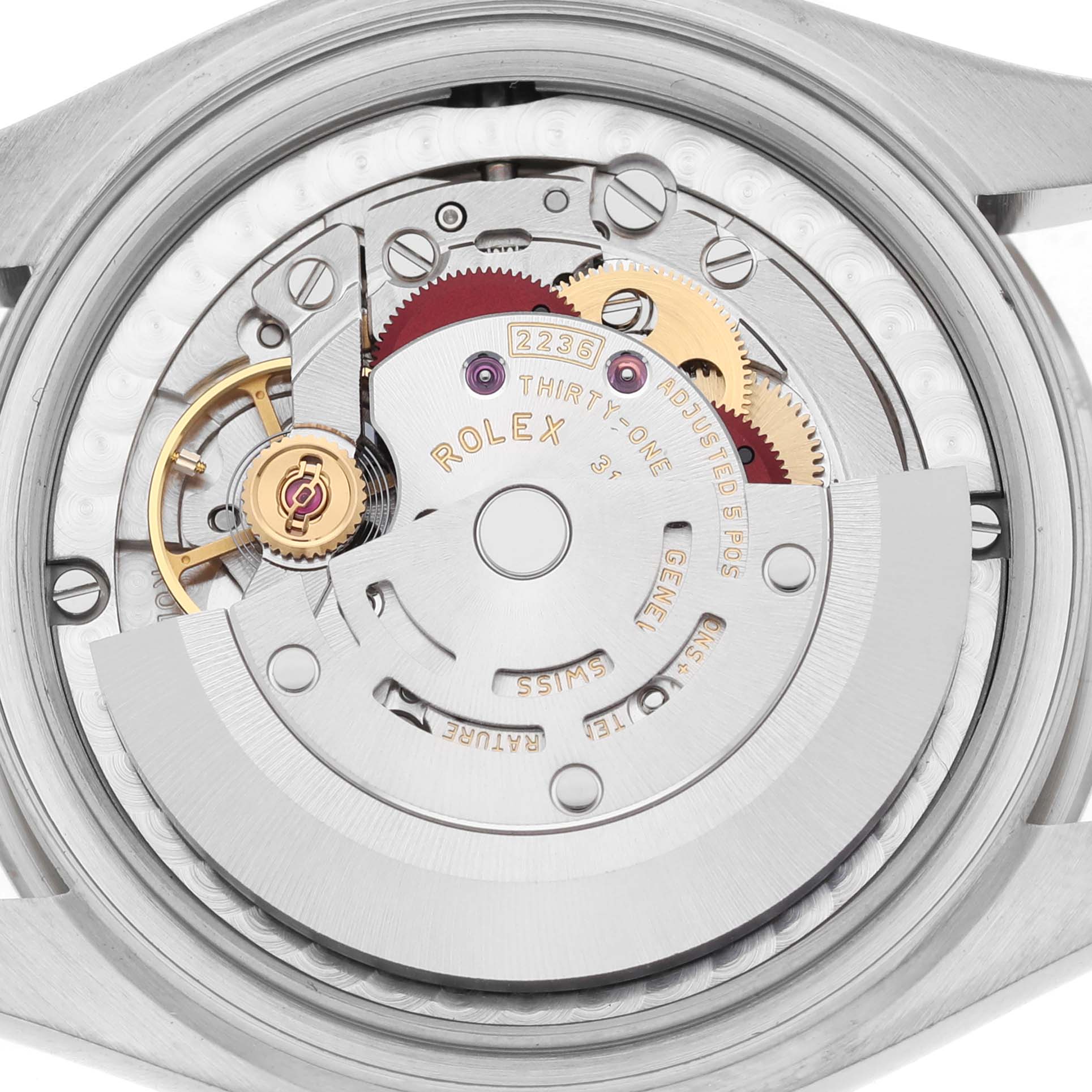 This image shows the intricate movement of the Rolex Datejust 278274 Men's Stainless Steel Silver Dial, focusing on its gears and components from a rear angle.