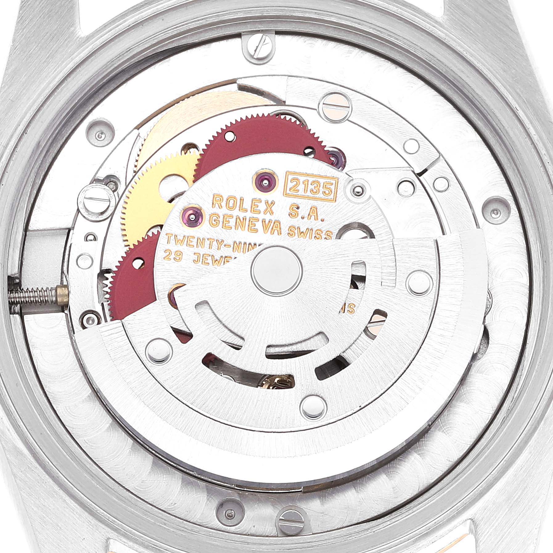 This image shows the internal mechanical movement of a Rolex Mid-Size 68273 Women
s Steel and Gold (two tone) White Dial 68273 Women
s Steel and Gold (two tone) White Dial model watch, viewed from the back.