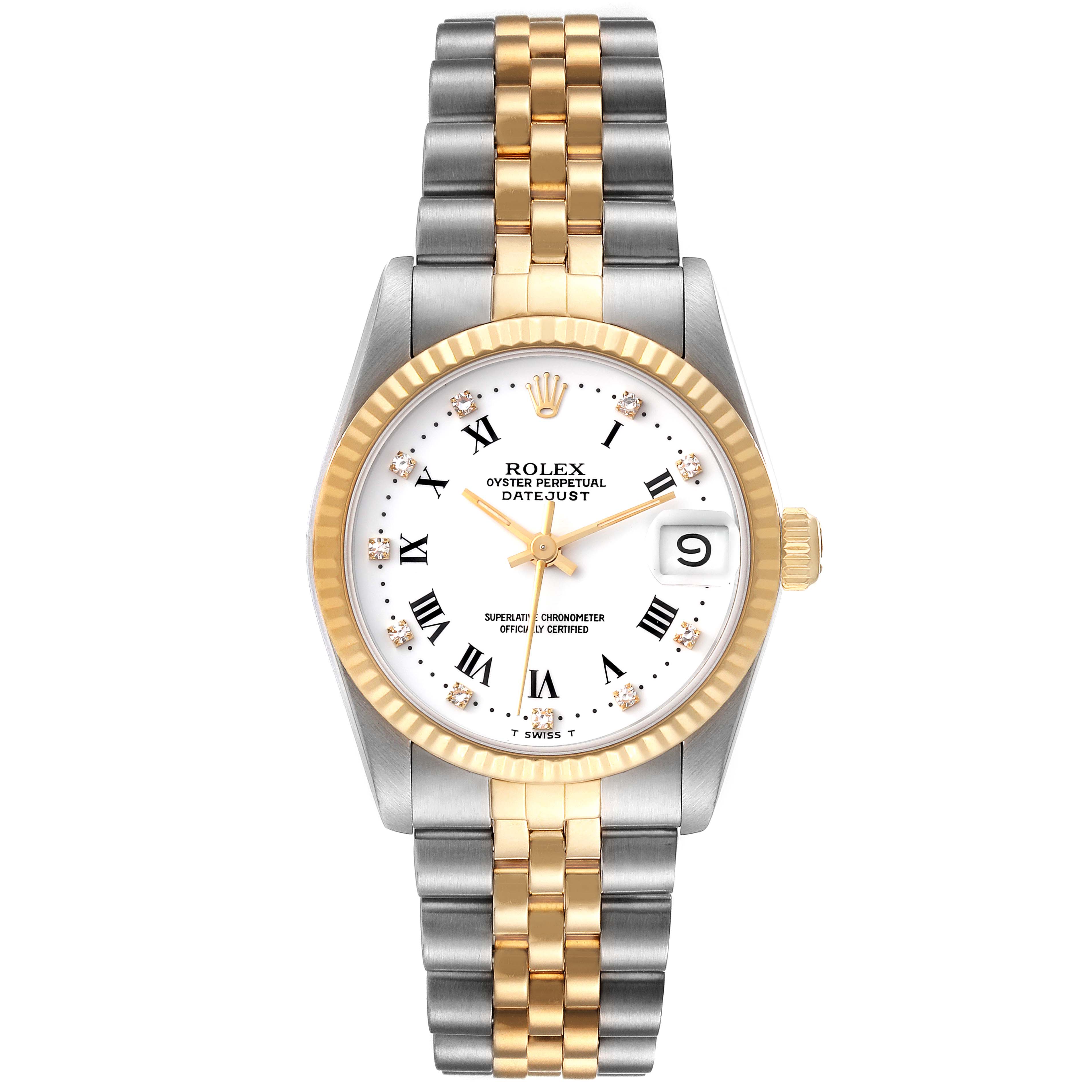 The Rolex Mid-Size 68273 Women
s Steel and Gold (two tone) White Dial 68273 Women
s Steel and Gold (two tone) White Dial model is shown from a front angle, displaying its face, crown, and two-tone bracelet.