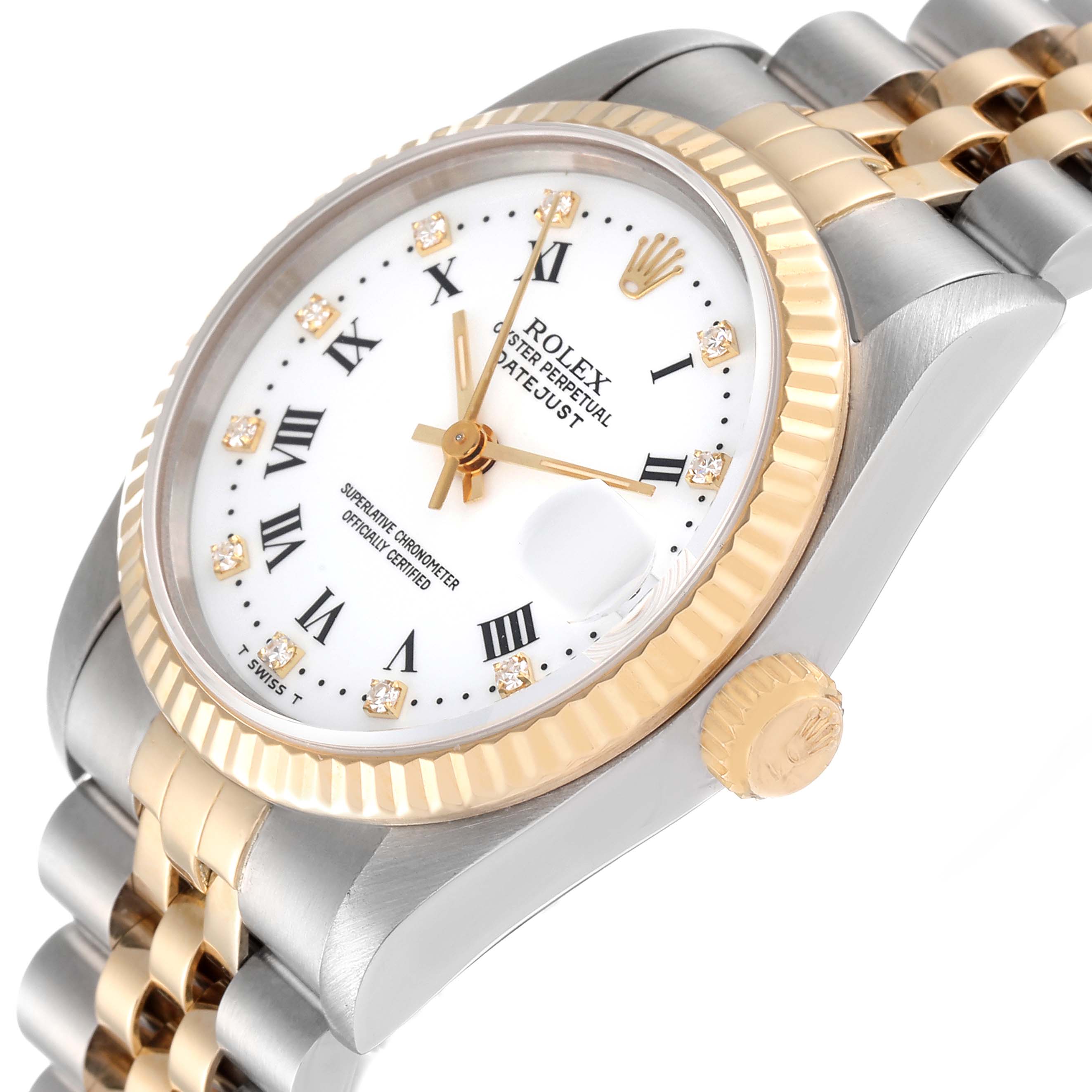 The image shows a side angle of the dial, bezel, crown, and bracelet of the Rolex Mid-Size 68273 Women
s Steel and Gold (two tone) White Dial 68273 Women
s Steel and Gold (two tone) White Dial Datejust watch.