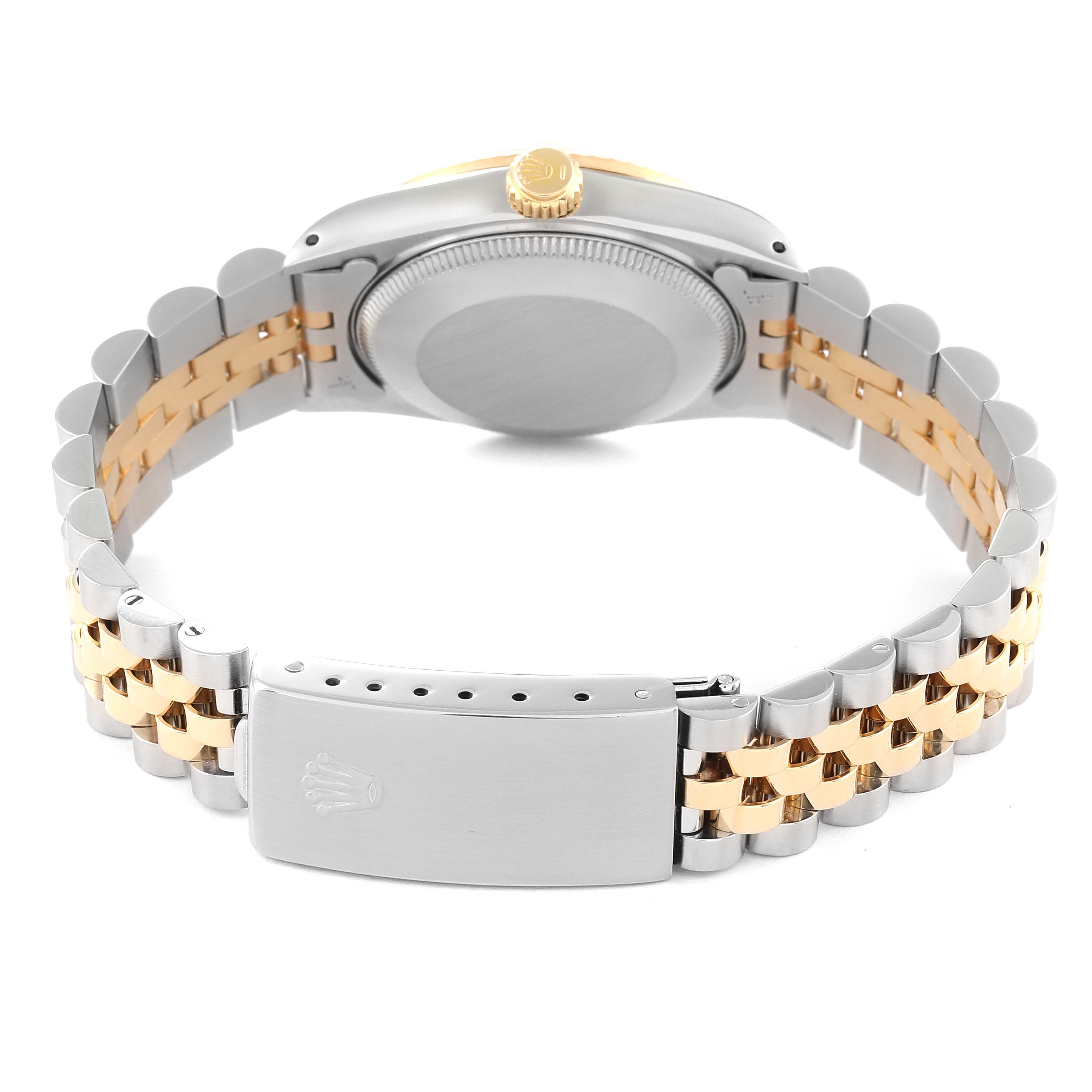 The image shows the back of a Mid-Size Rolex watch, highlighting the clasp, case back, and bracelet with gold and silver links.