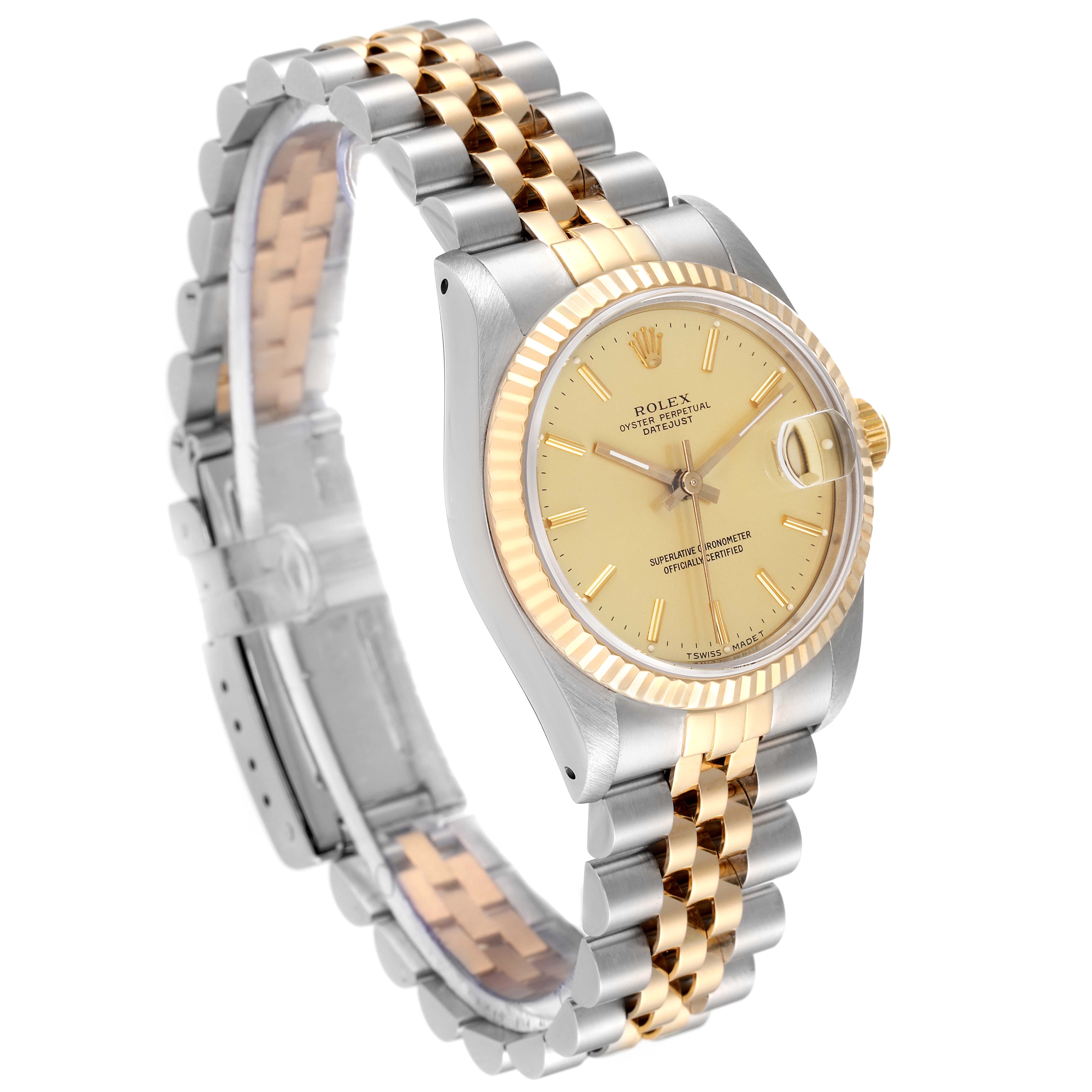 This Rolex Mid-Size 68273 Women's Stainless Steel Champagne Dial 68273 Women's Stainless Steel Champagne Dial watch is shown at a slight angle, highlighting its two-tone bracelet, fluted bezel, and yellow dial with date display.