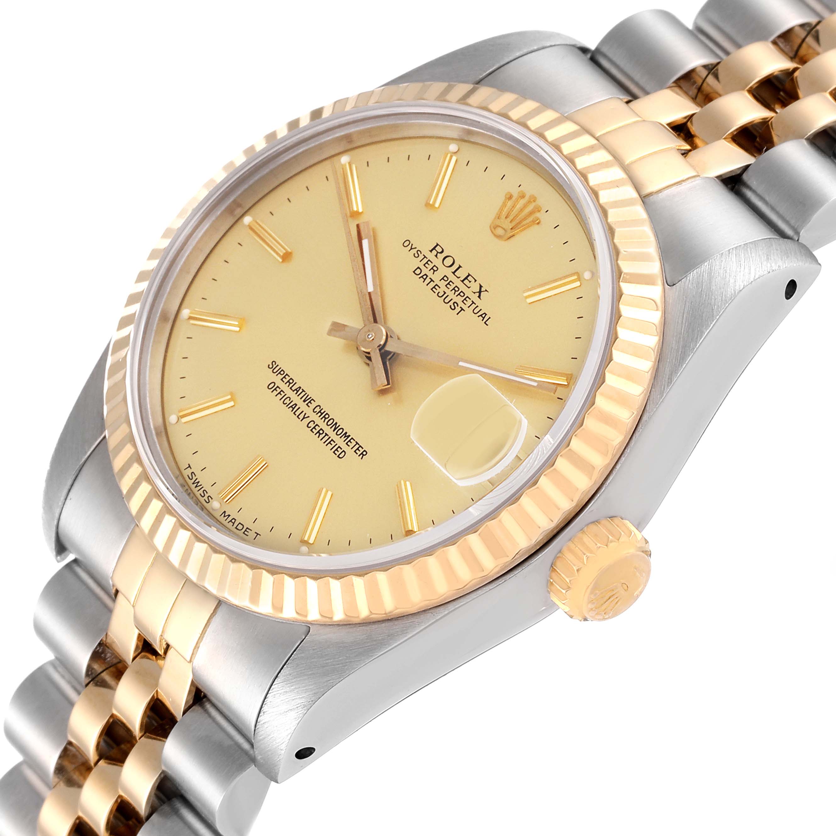 The image shows a mid-sized Rolex Datejust watch at an angle, highlighting the dial, case, crown, and part of the bracelet.