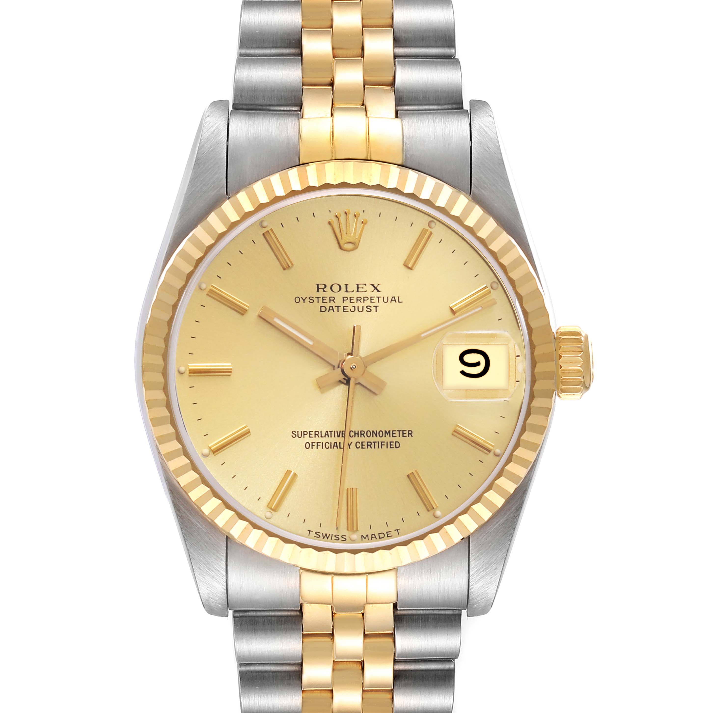 The image shows a front view of a Rolex Oyster Perpetual Datejust Mid-Size watch, highlighting its dial, bezel, and two-tone bracelet.