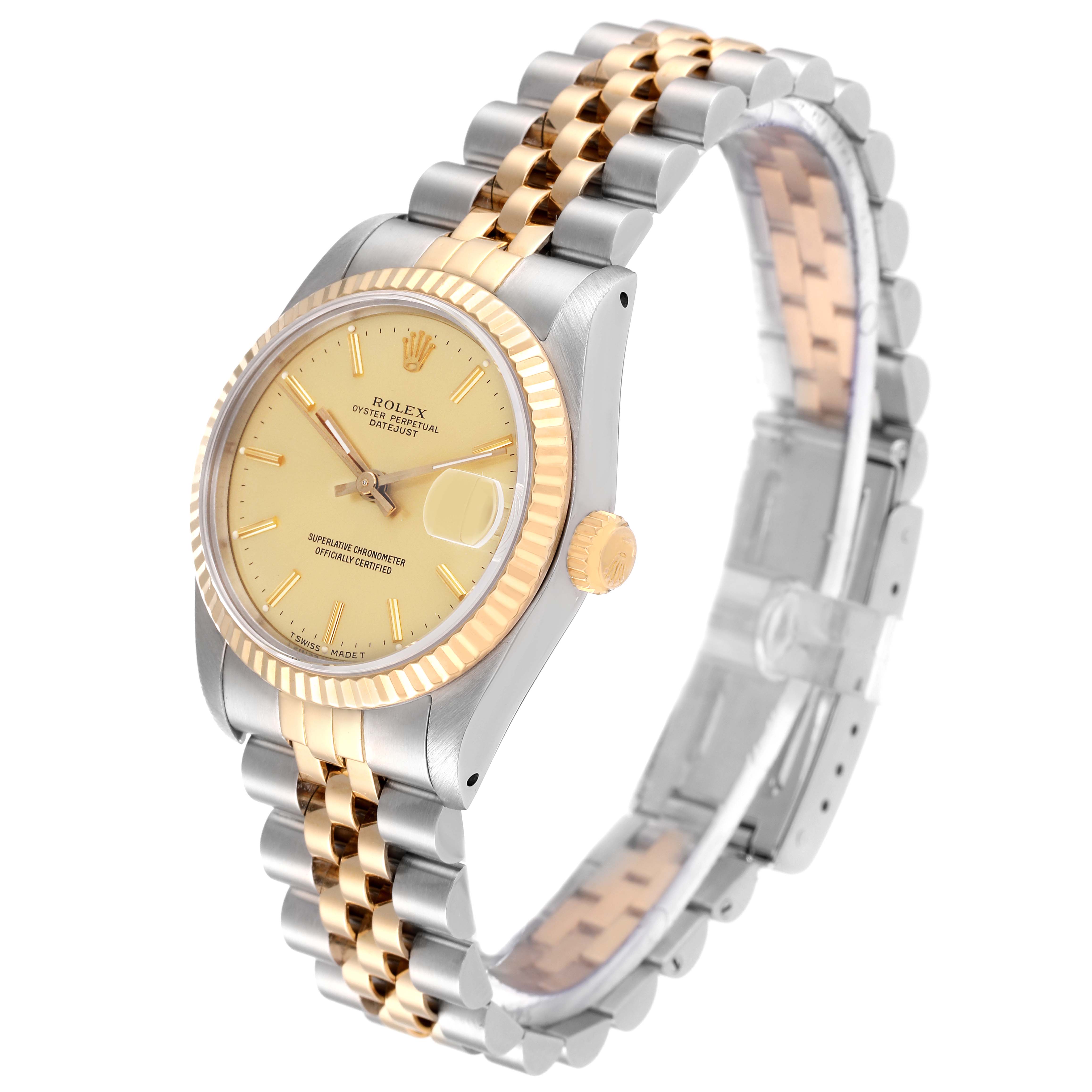 The Rolex Mid-Size 68273 Women's Stainless Steel Champagne Dial 68273 Women's Stainless Steel Champagne Dial watch is shown at a slight angle, highlighting its two-tone strap, face, bezel, and crown.