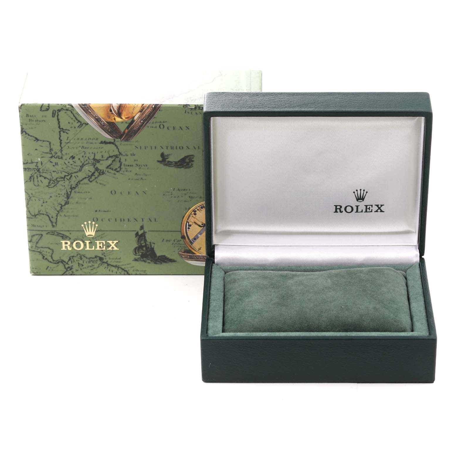 The image shows a Rolex Mid-Size 68273 Women's Stainless Steel Champagne Dial 68273 Women's Stainless Steel Champagne Dial model watch box and outer packaging, with the box open and empty.