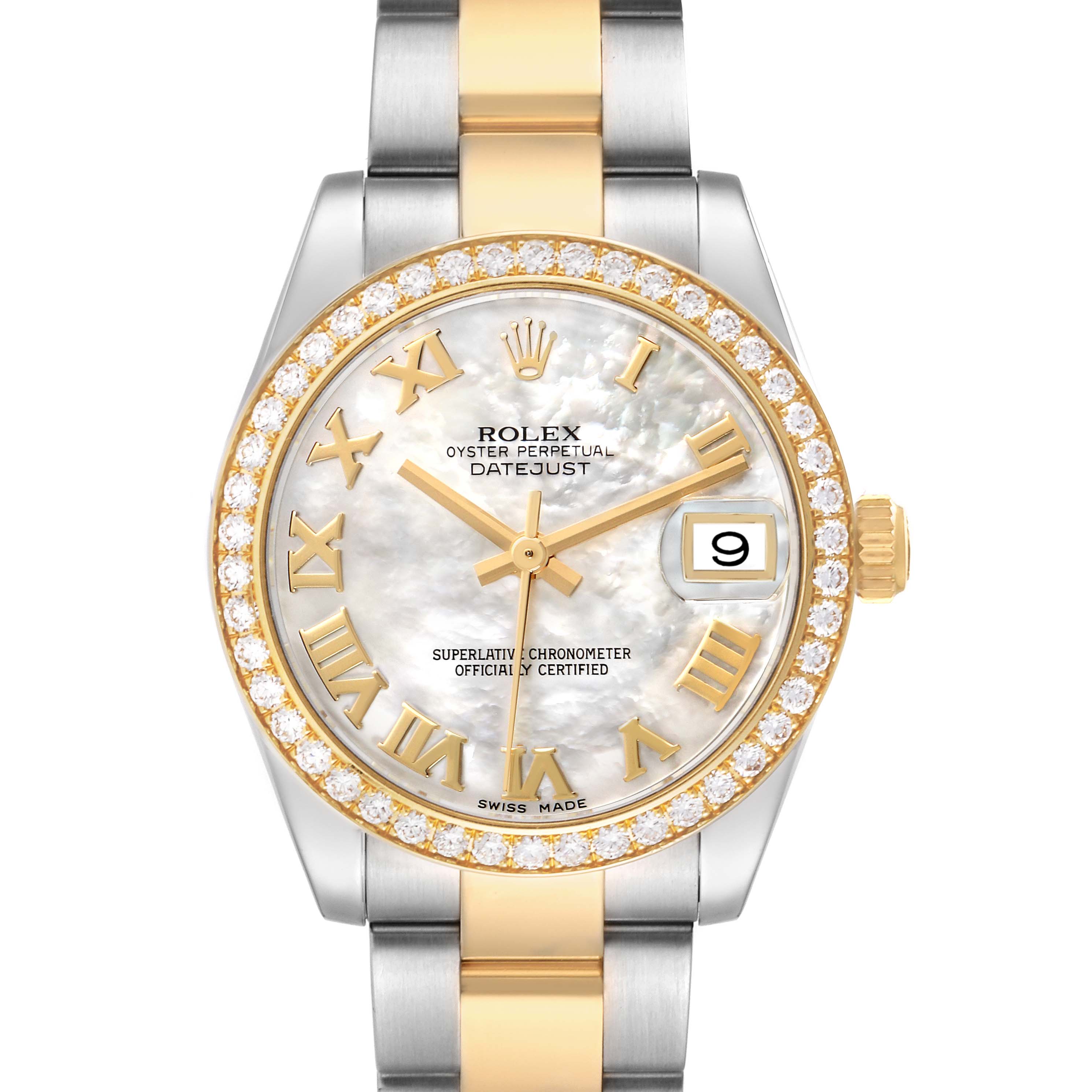 The Rolex Datejust watch is shown from the front, highlighting the two-tone bracelet, diamond bezel, and Roman numeral dial.
