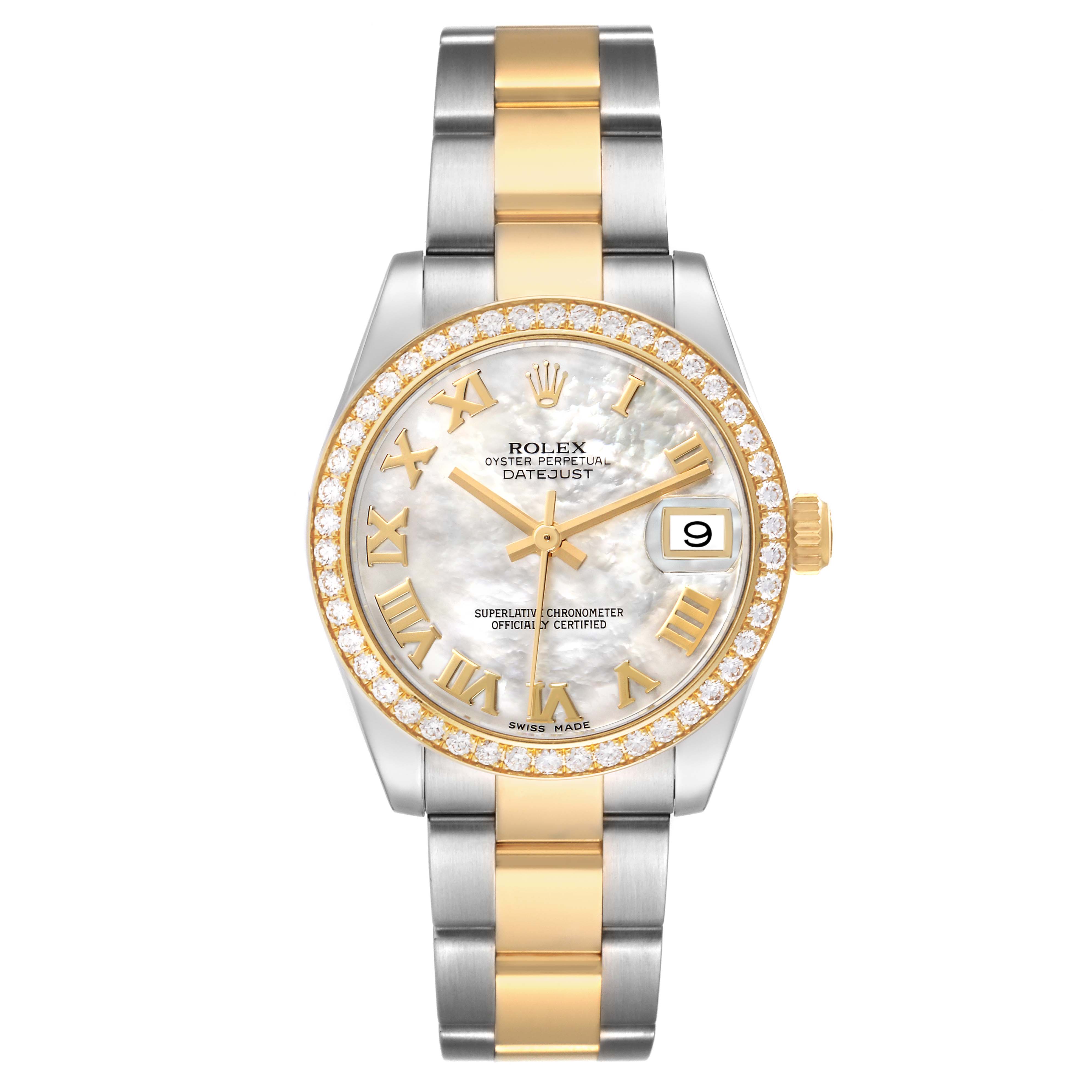 The Rolex Datejust watch is shown from the front, highlighting its dial, hands, bezel, case, and bracelet.