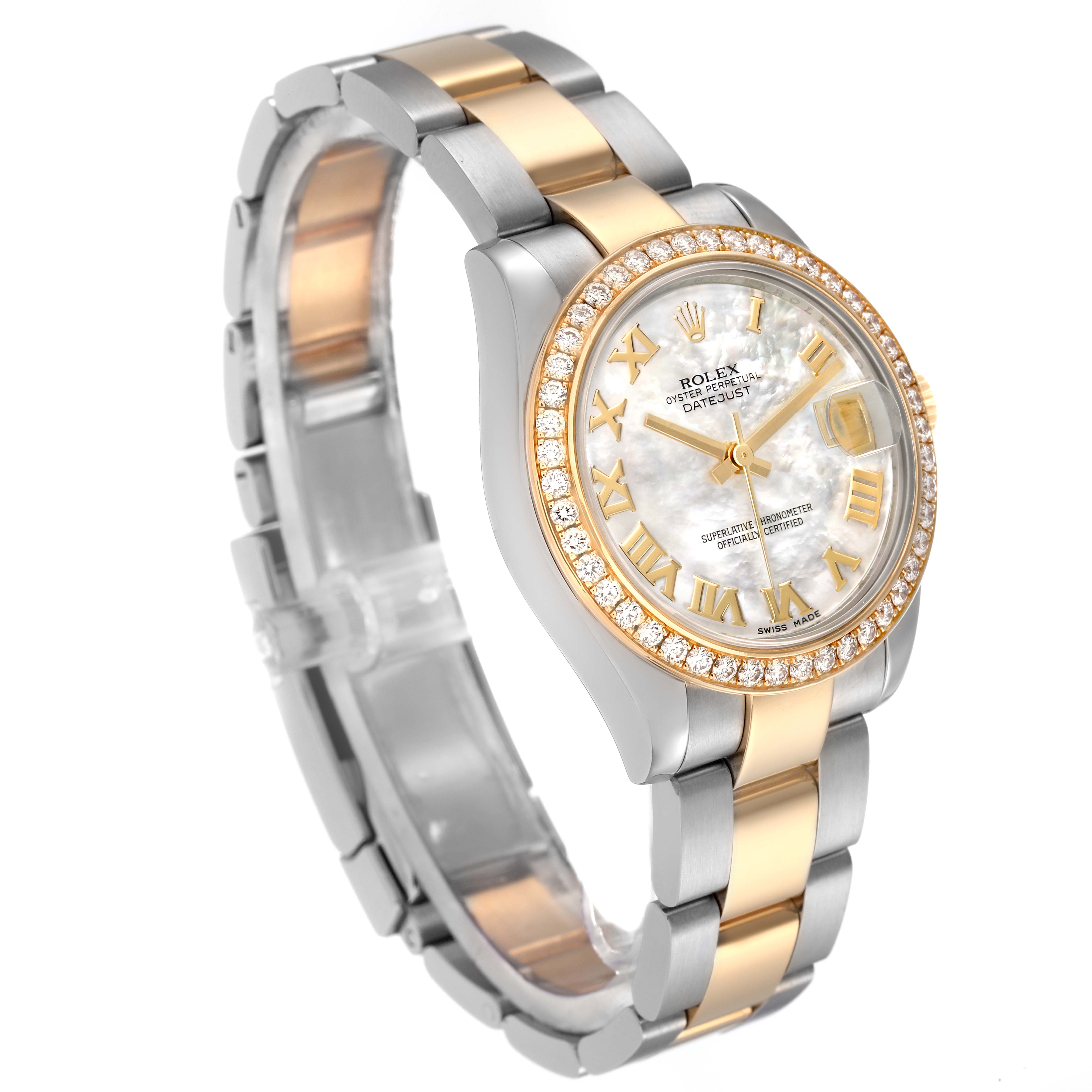 The Rolex Datejust watch is shown at a three-quarter angle, highlighting the bezel, dial, and bracelet.