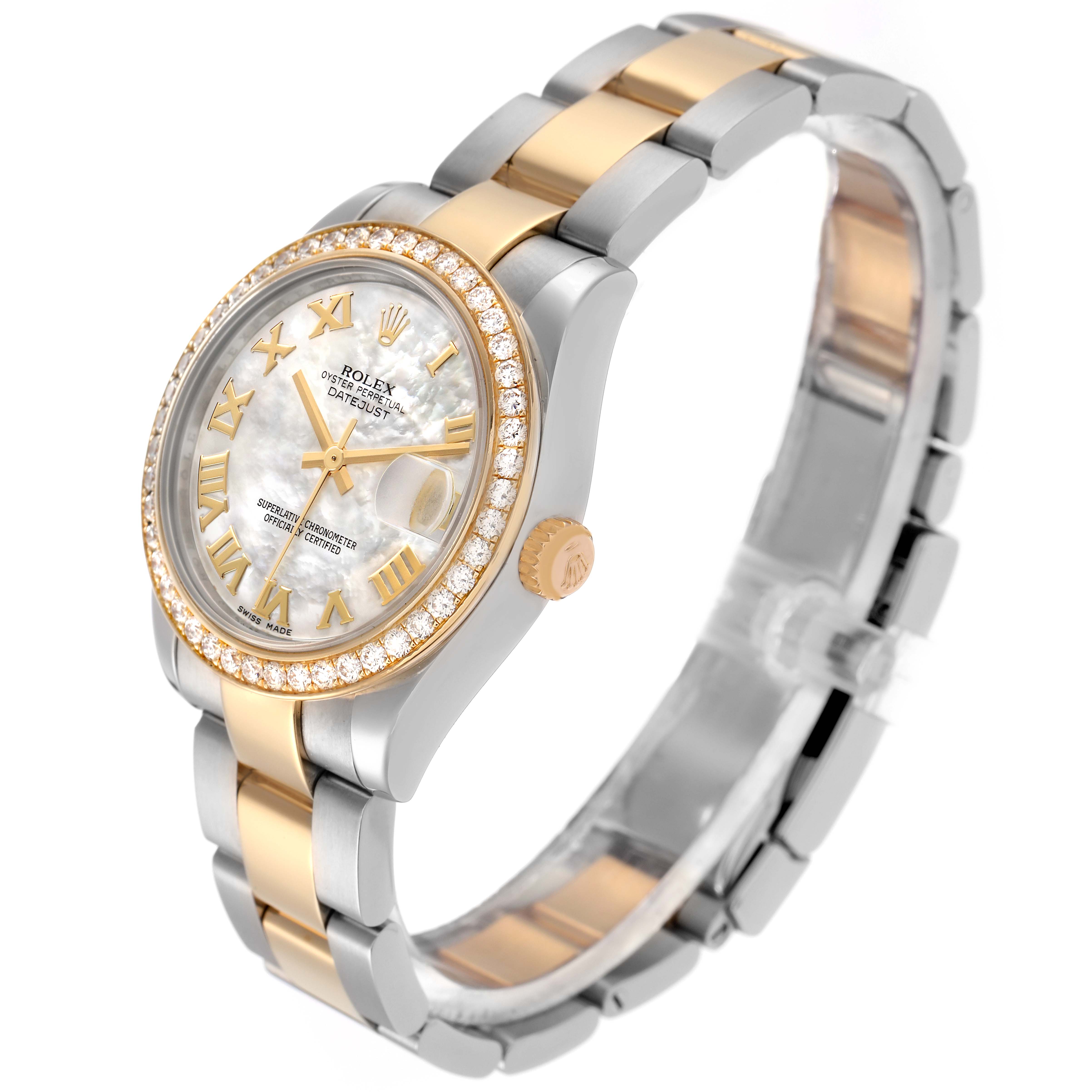 The Rolex Datejust watch is shown at a three-quarter angle, highlighting its two-tone bracelet and diamond bezel.
