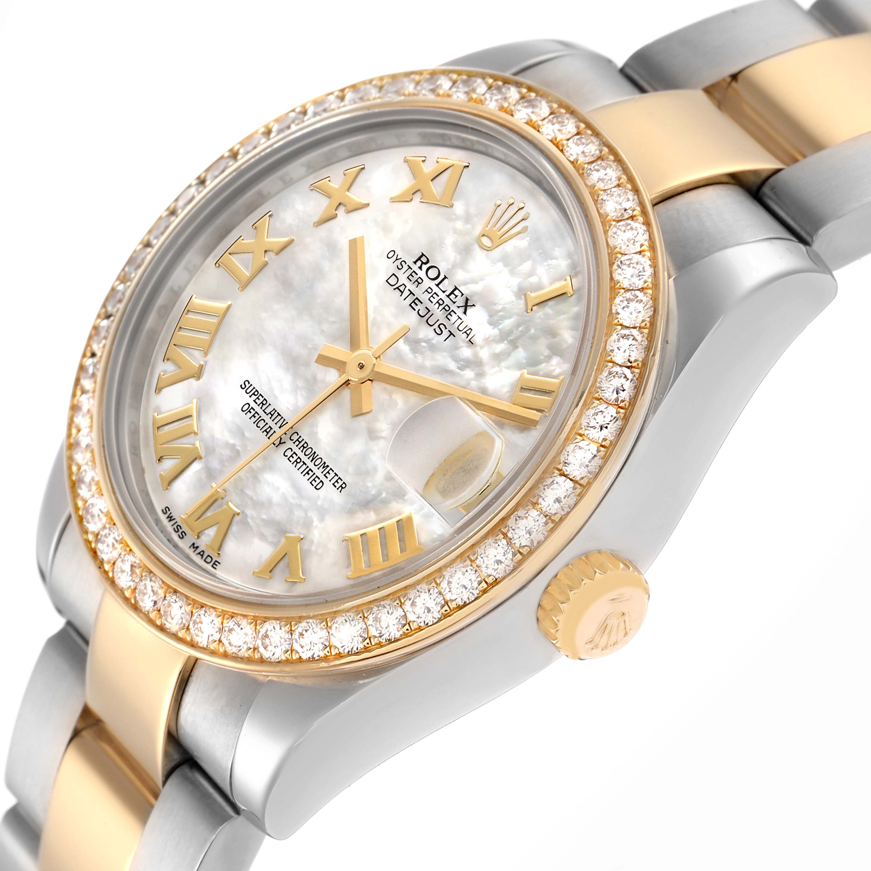 The Rolex Datejust watch is shown at an angle highlighting the face, bezel, and bracelet.