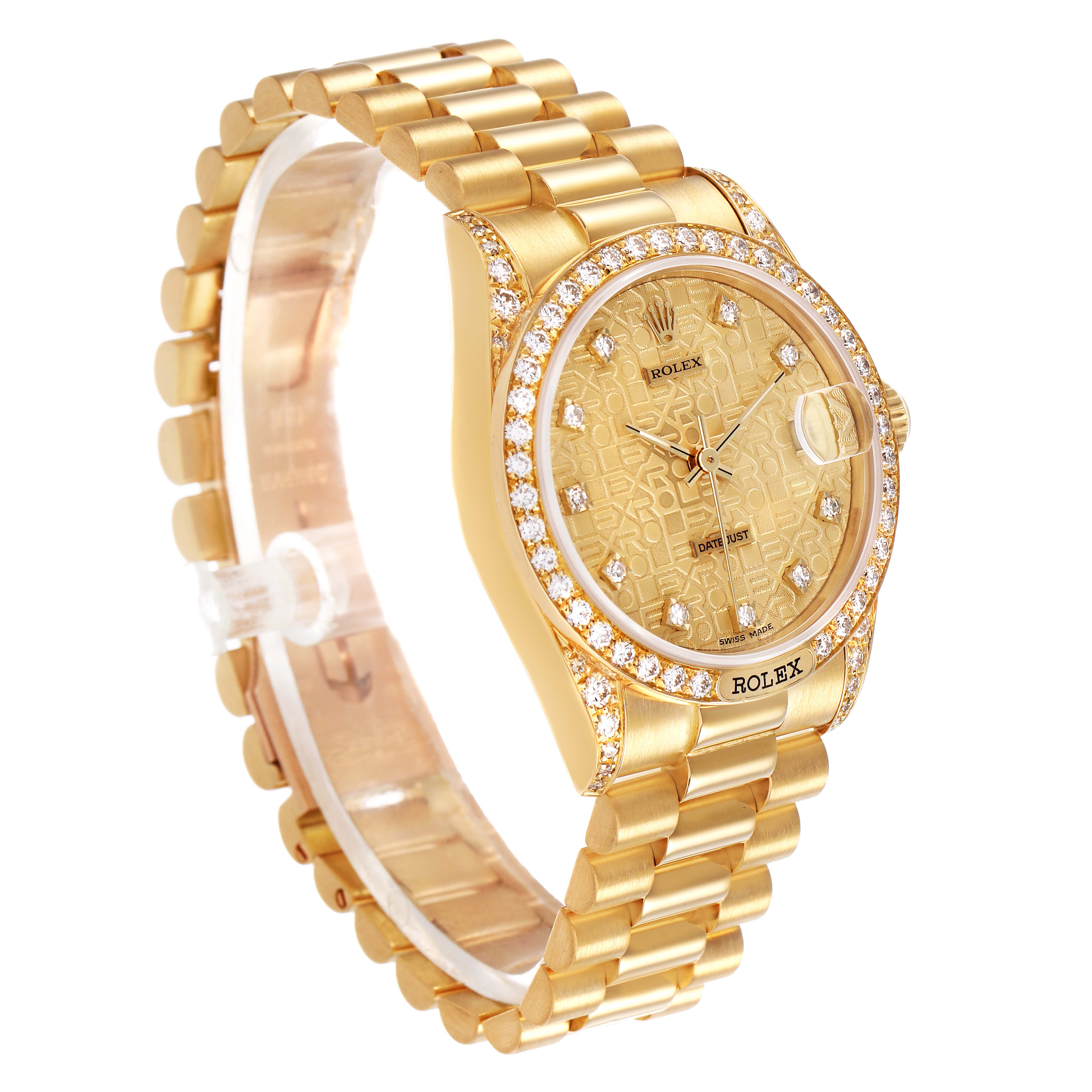 The Rolex President 68158 Women's Yellow Gold Champagne Dial model is shown at a three-quarter angle, highlighting the gold bracelet, diamond-accented bezel, and intricate dial.