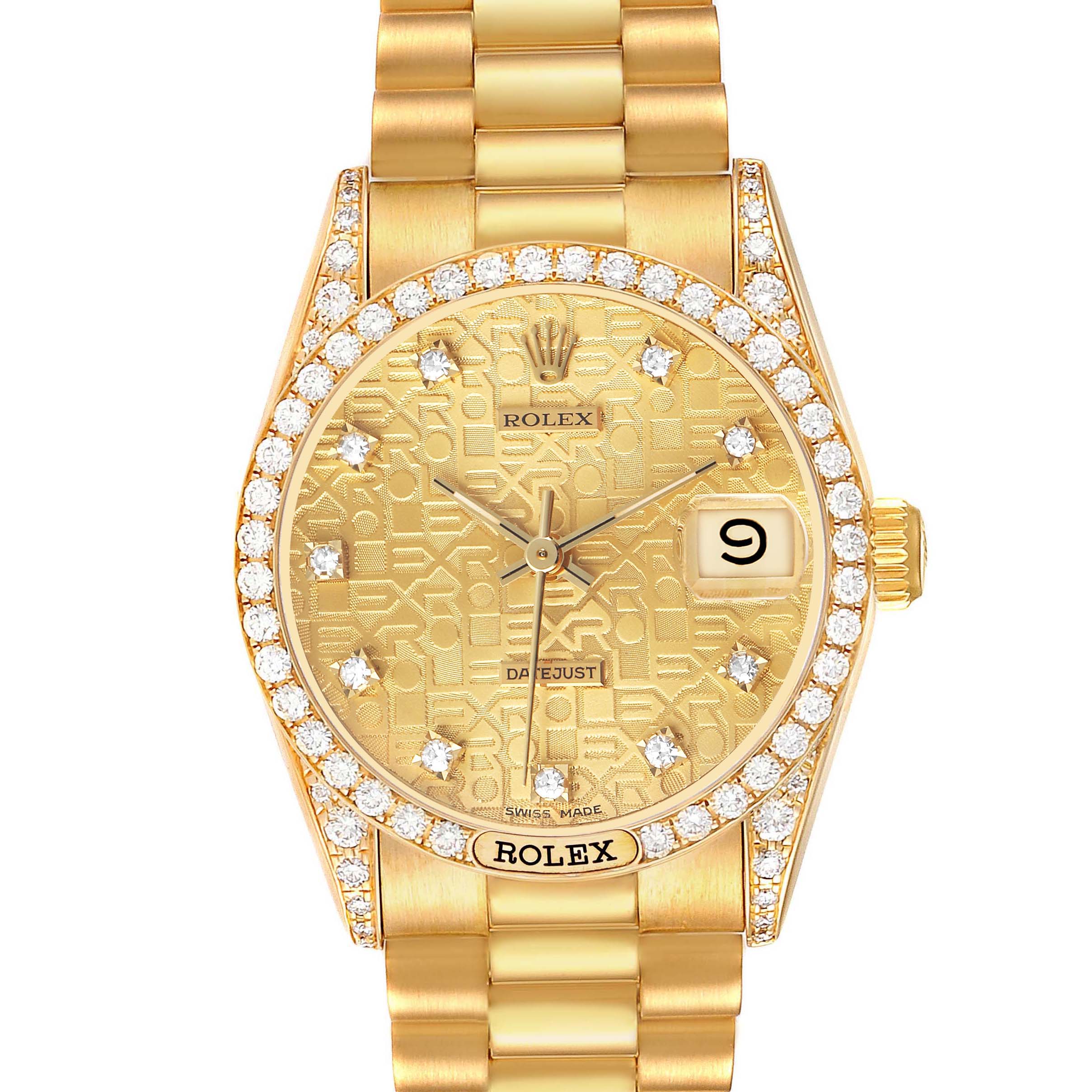 The Rolex President 68158 Women's Yellow Gold Champagne Dial model is shown from a front angle, highlighting the dial, bezel, and bracelet.