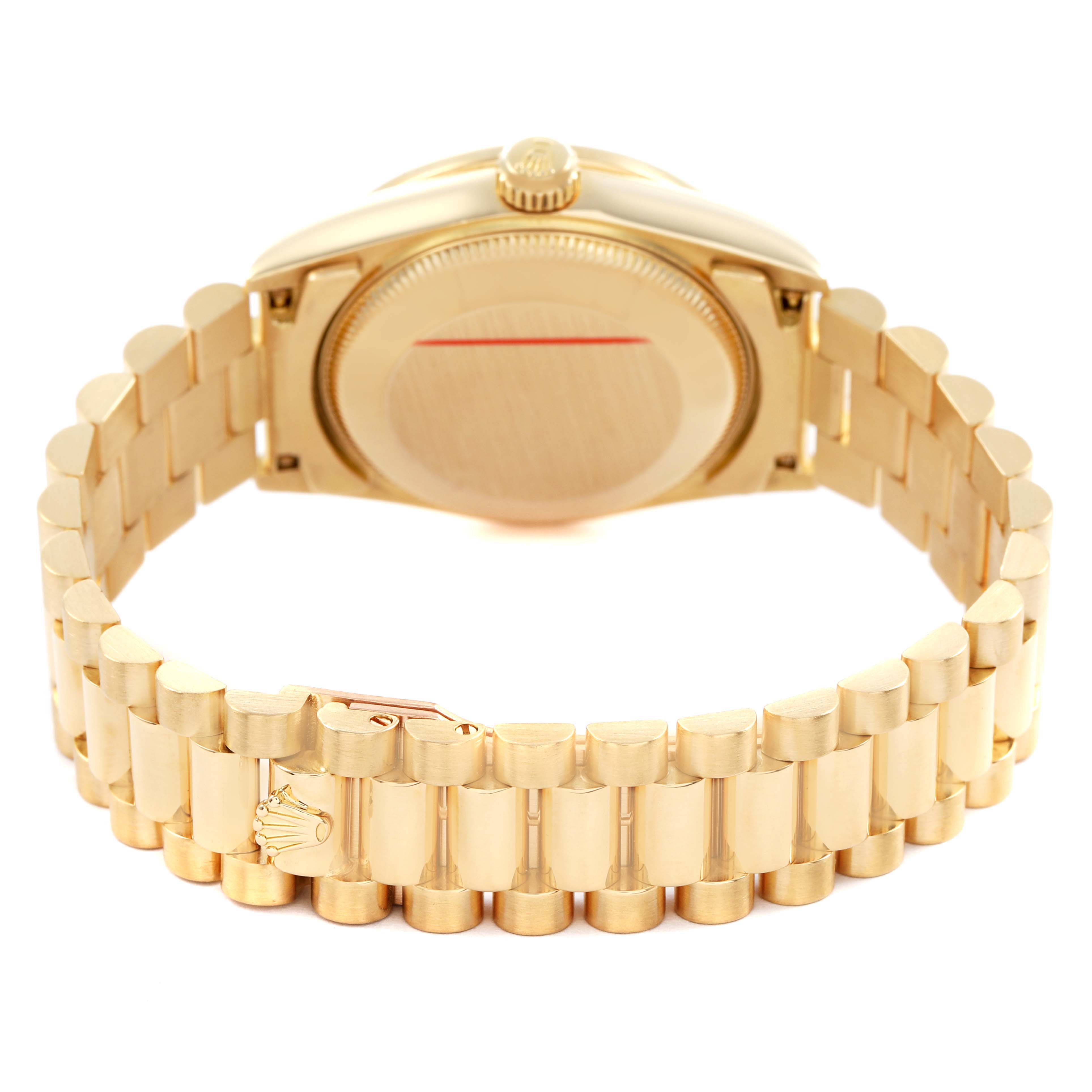 The image shows the back and bracelet of the Rolex President 68158 Women's Yellow Gold Champagne Dial model, highlighting the caseback and clasp.