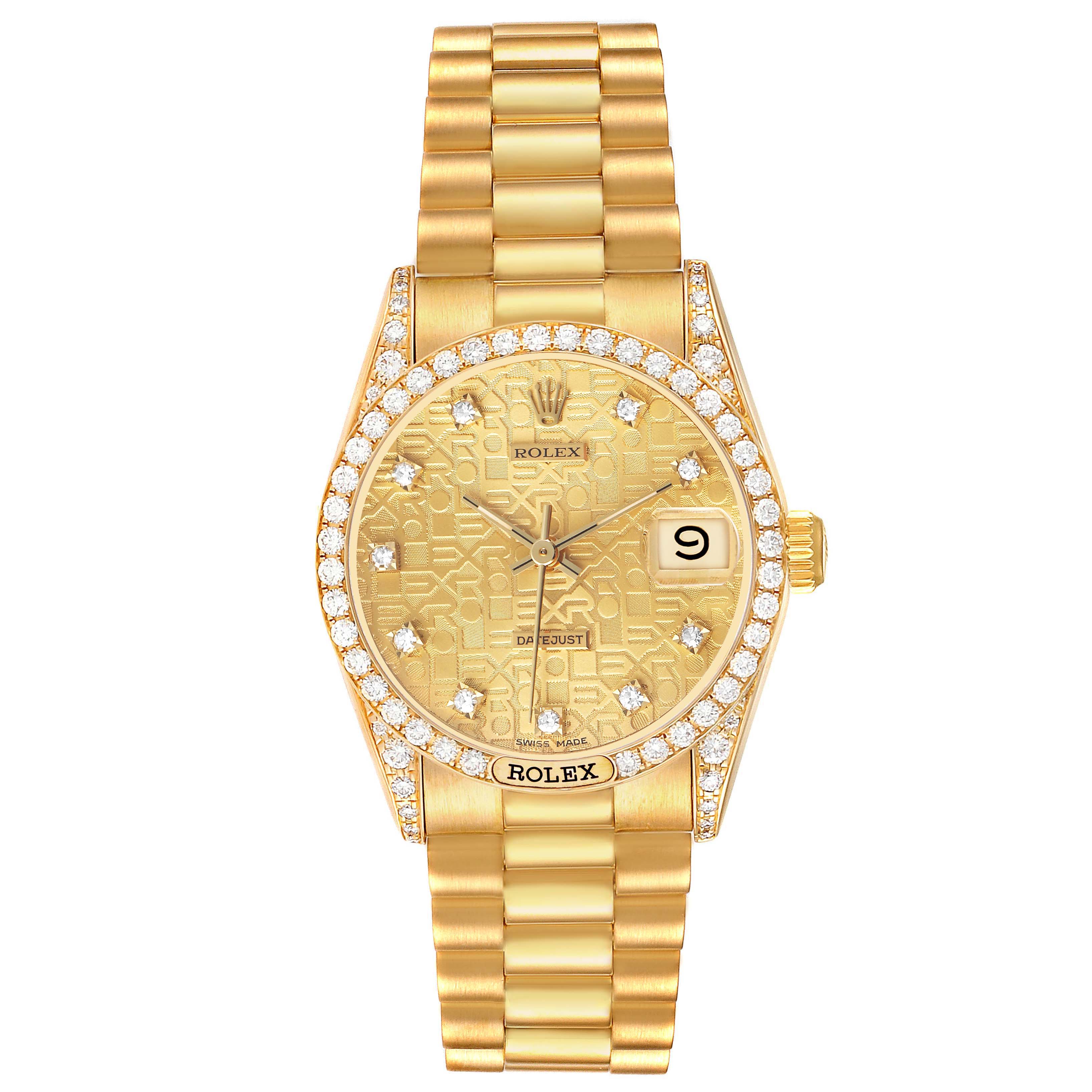 The Rolex President 68158 Women's Yellow Gold Champagne Dial model watch is shown from a top-down angle, displaying its gold bracelet, diamond-encrusted bezel, and patterned dial.