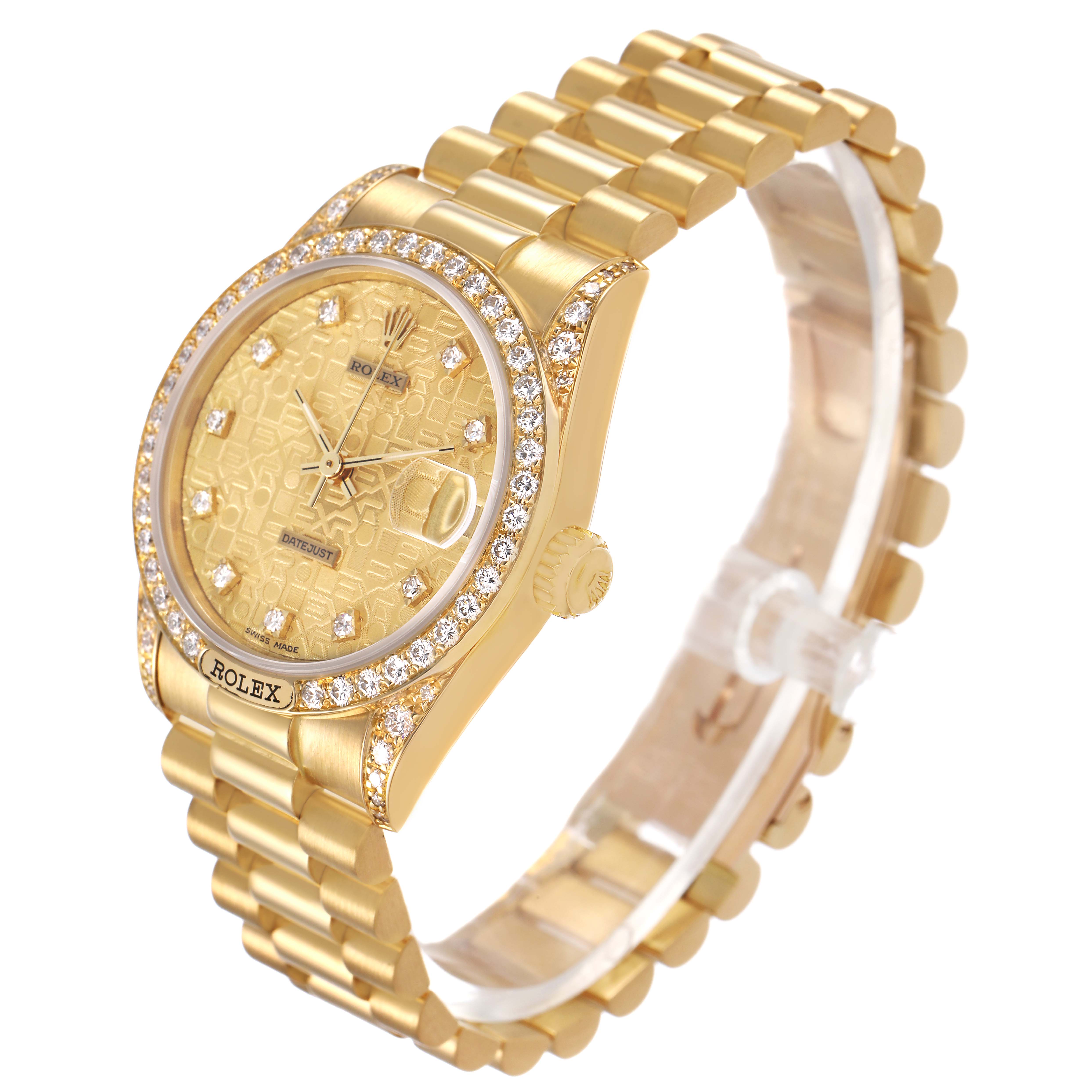 The Rolex President 68158 Women's Yellow Gold Champagne Dial model watch is shown at a three-quarter angle, highlighting the gold bracelet, diamond bezel, and dial details.