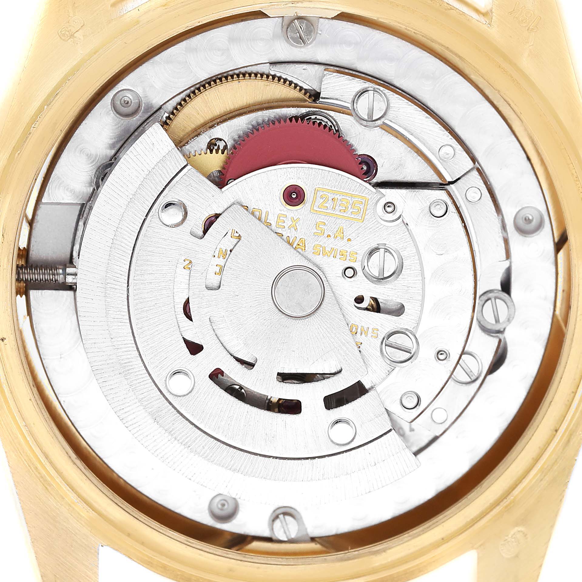 The image shows the movement of a Rolex President 68158 Women's Yellow Gold Champagne Dial model watch, focusing on the intricate internal components.