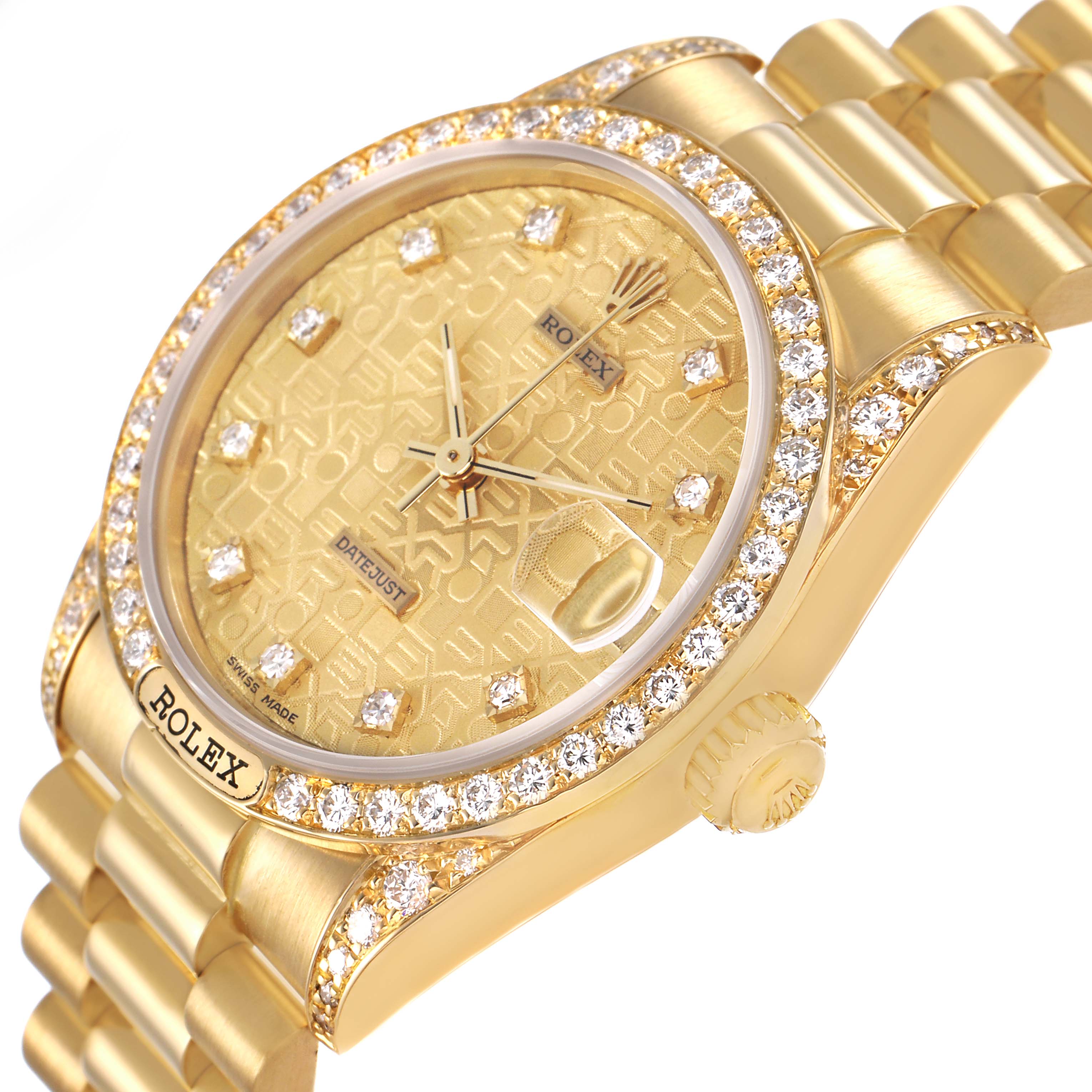 The Rolex President 68158 Women's Yellow Gold Champagne Dial watch is shown at a slight angle highlighting its diamond-encrusted bezel and gold bracelet.