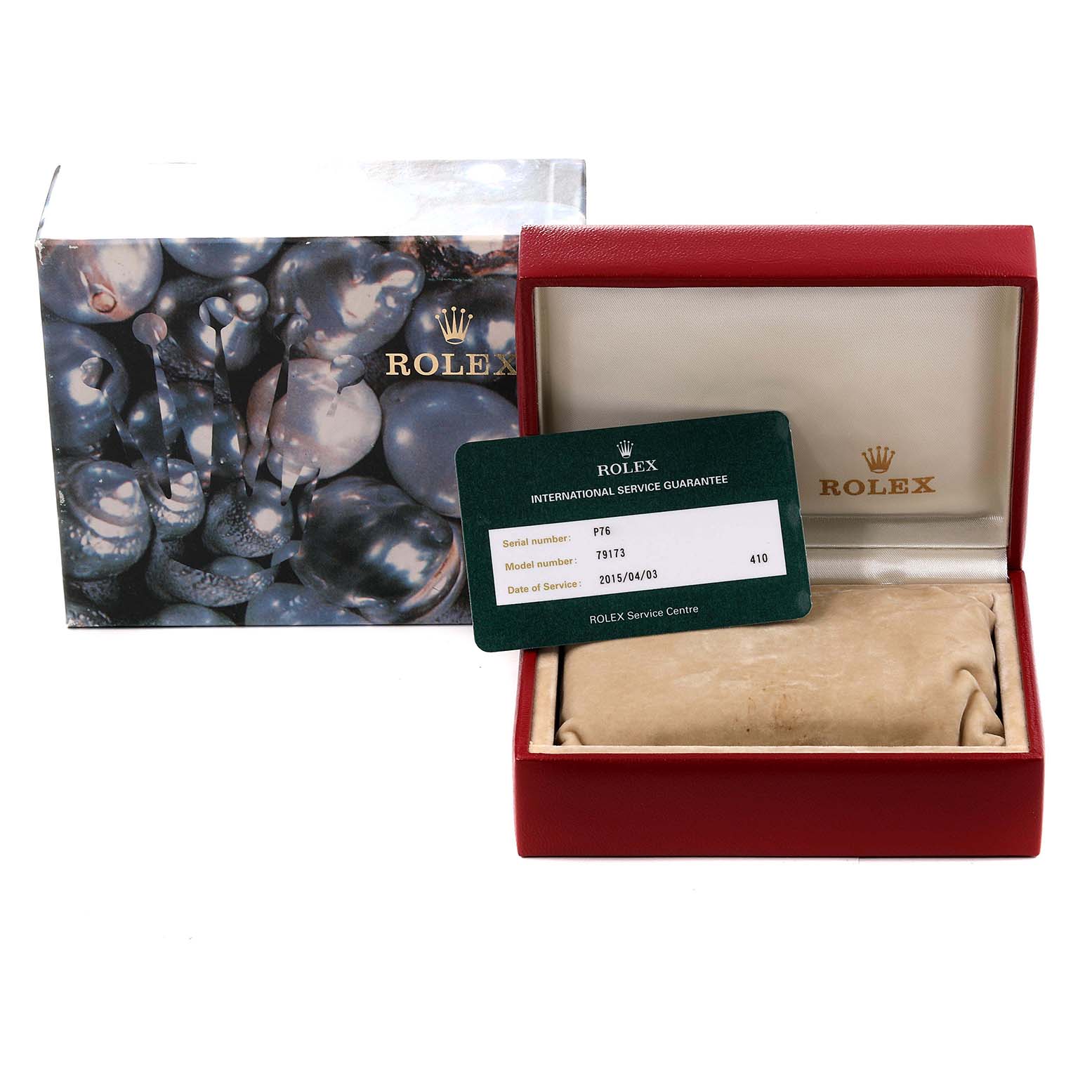 The image shows a Rolex Datejust 79173 Women's Steel and Gold (two tone) Silver Dial 79173 Women's Steel and Gold (two tone) Silver Dial model watch box, guarantee card, and original packaging.