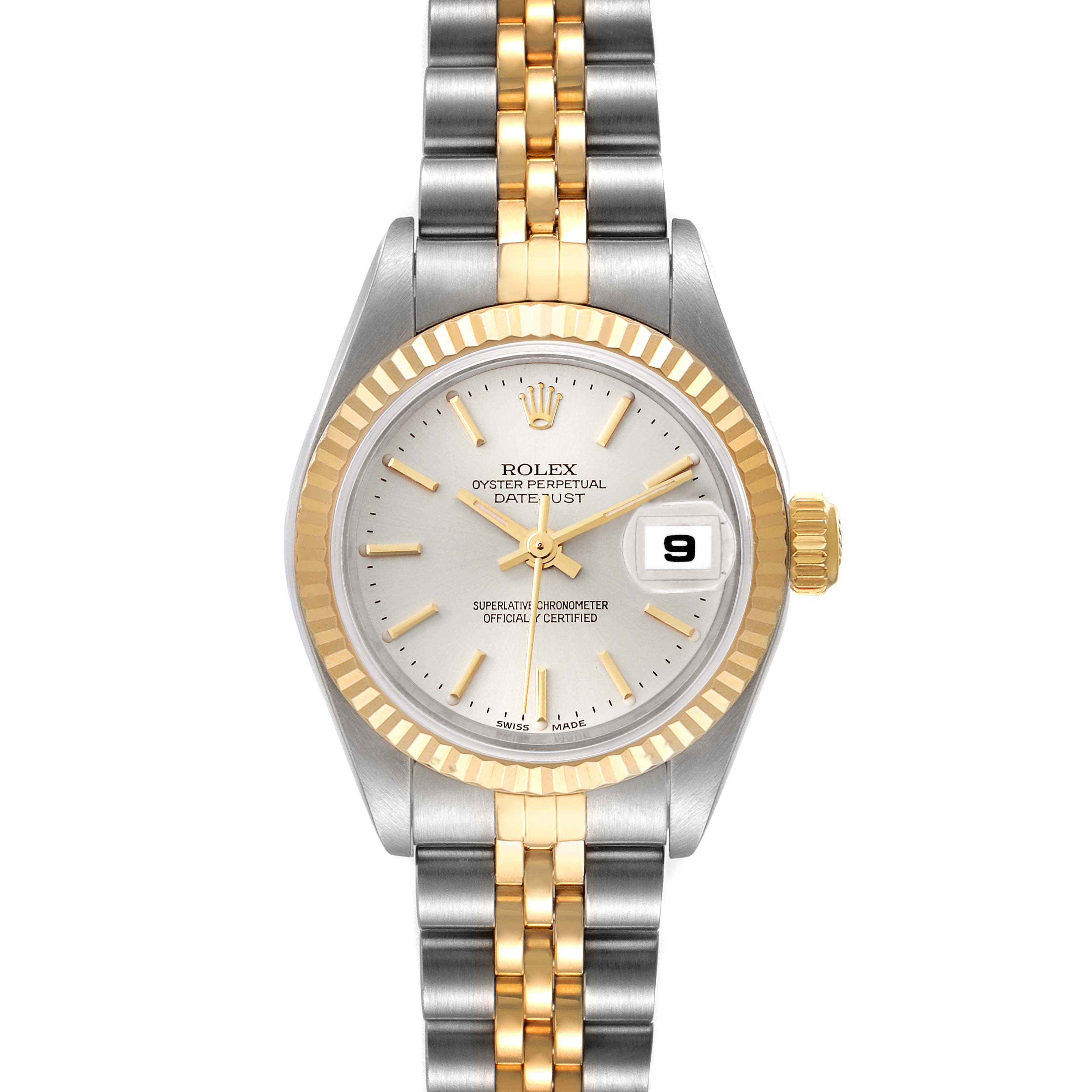 The image shows a front view of a Rolex Datejust 79173 Women's Steel and Gold (two tone) Silver Dial 79173 Women's Steel and Gold (two tone) Silver Dial watch with a two-tone bracelet, a fluted bezel, and a date display at 3 o'clock.