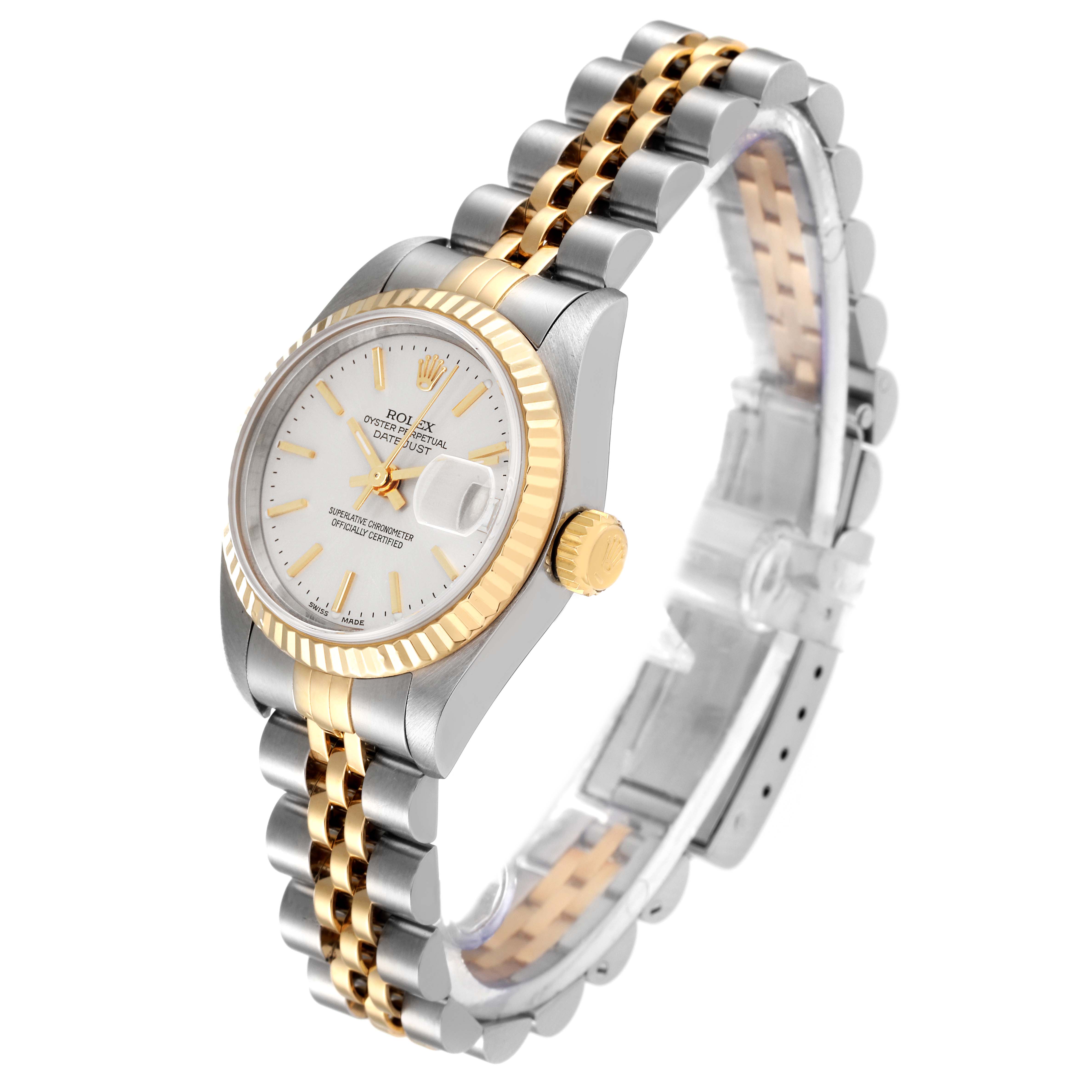 This image shows a side-angle view of a Rolex Datejust 79173 Women's Steel and Gold (two tone) Silver Dial 79173 Women's Steel and Gold (two tone) Silver Dial watch, highlighting its face, bezel, crown, and two-tone bracelet.