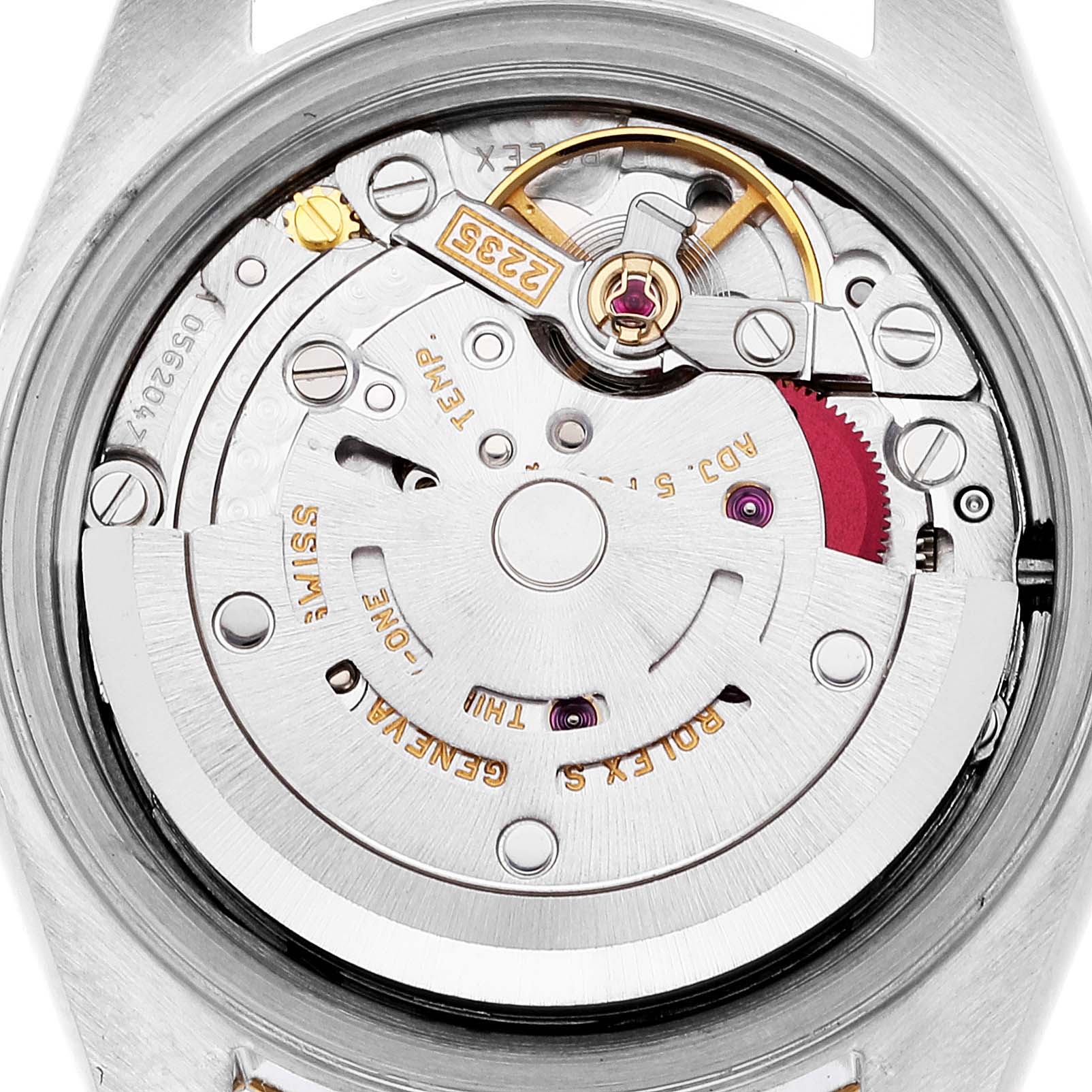 This image shows the inner mechanical movement of a Rolex Datejust 79173 Women's Steel and Gold (two tone) Silver Dial 79173 Women's Steel and Gold (two tone) Silver Dial watch at a close-up, top-down angle.