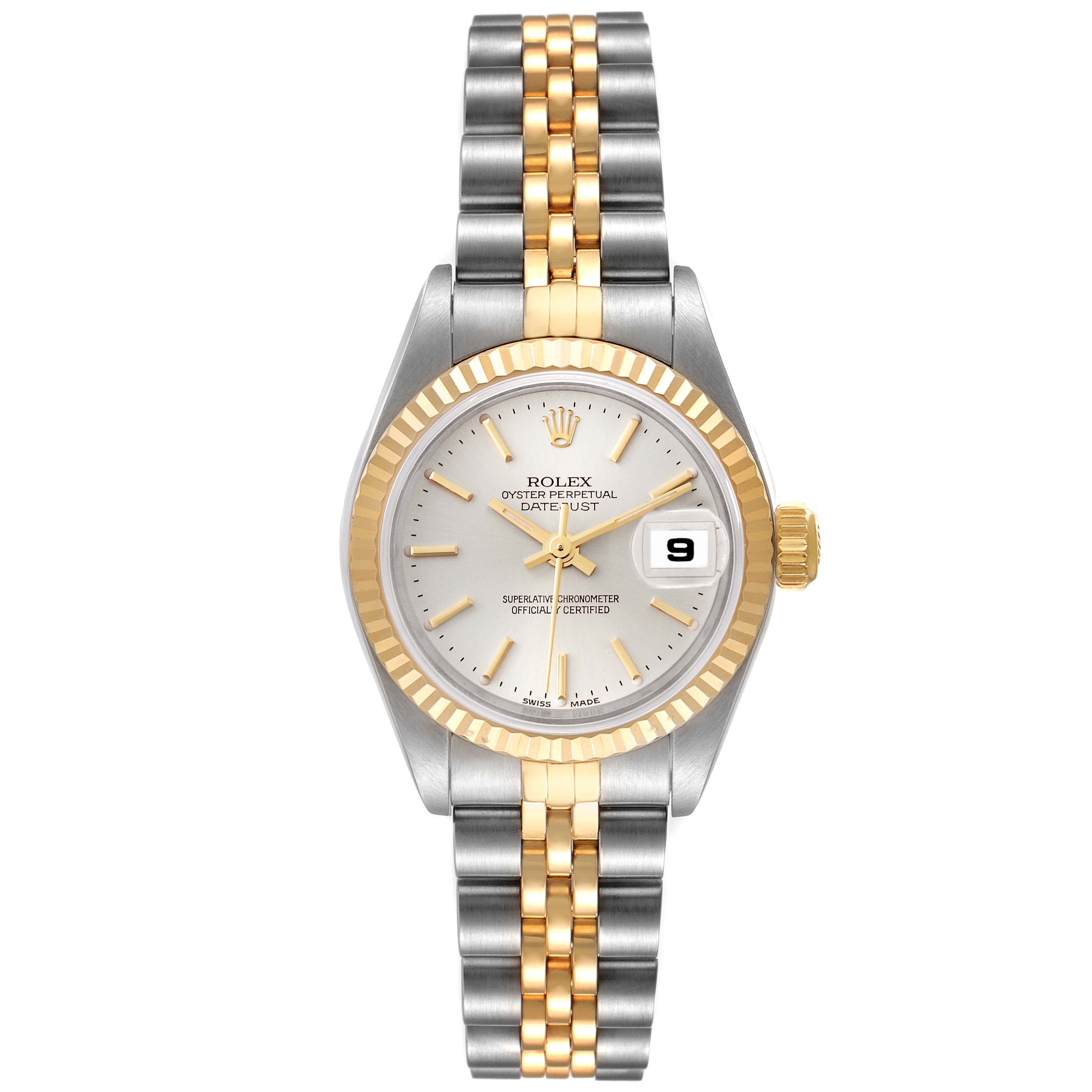 The image shows a front view of a Rolex Datejust 79173 Women's Steel and Gold (two tone) Silver Dial 79173 Women's Steel and Gold (two tone) Silver Dial watch, highlighting its dial, bezel, and two-tone Jubilee bracelet.