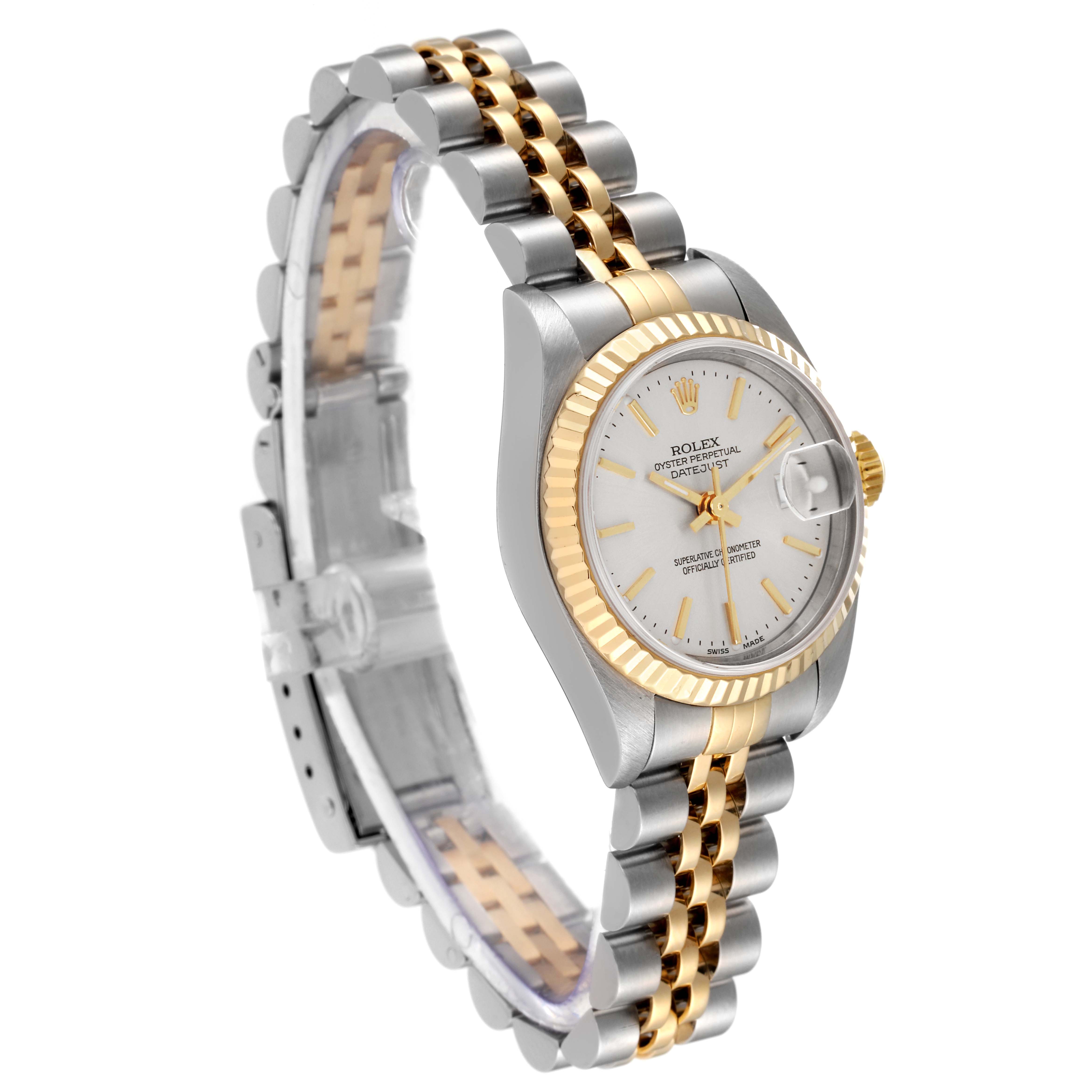 The image shows a Rolex Datejust 79173 Women's Steel and Gold (two tone) Silver Dial 79173 Women's Steel and Gold (two tone) Silver Dial watch, angled slightly to the left, displaying the face, bezel, and Jubilee bracelet.