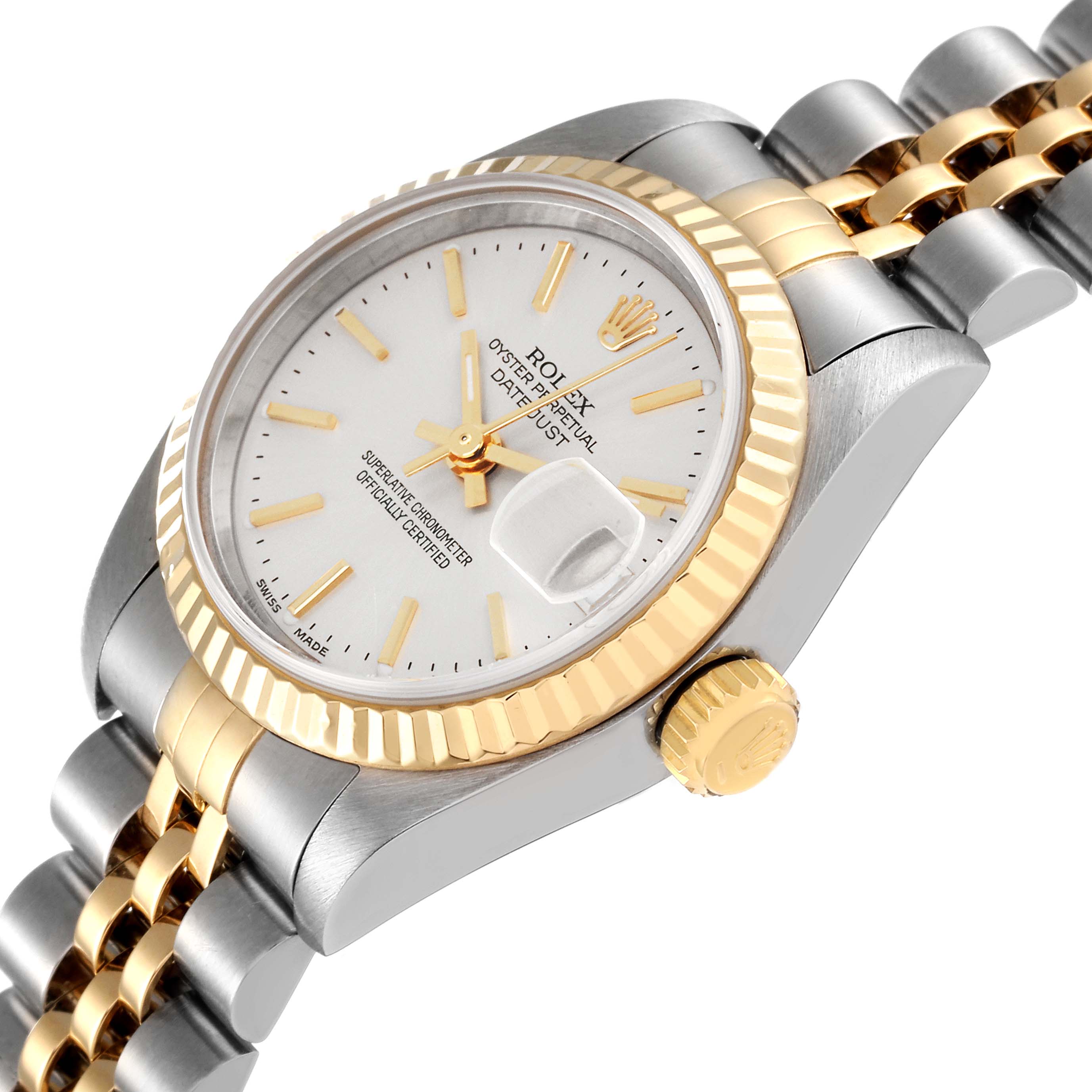 The image shows a side angle of a Rolex Datejust 79173 Women's Steel and Gold (two tone) Silver Dial 79173 Women's Steel and Gold (two tone) Silver Dial watch, highlighting its gold bezel, crown, white dial, and two-tone bracelet.