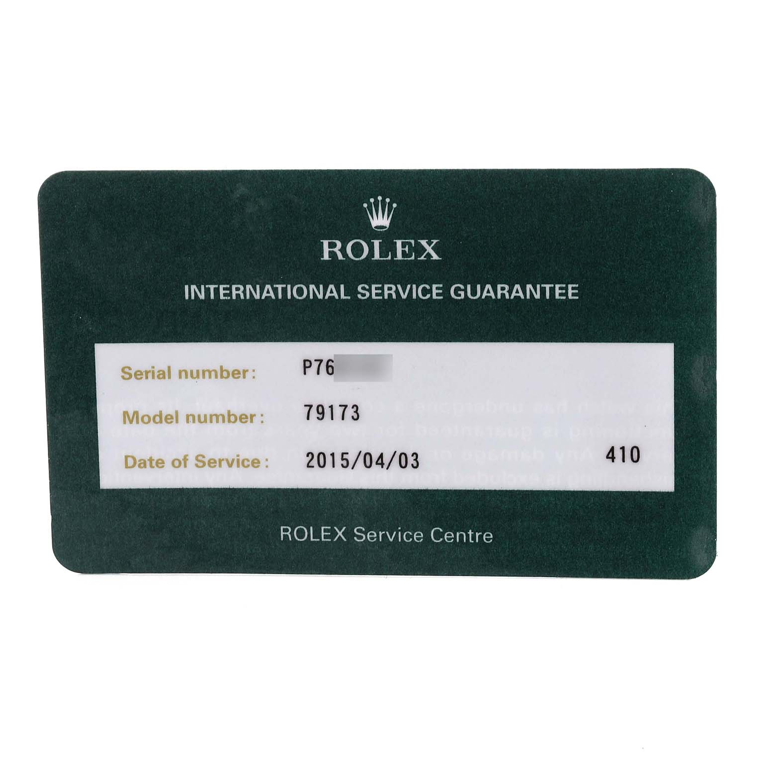 This image shows a Rolex International Service Guarantee card for a Rolex Datejust 79173 Women's Steel and Gold (two tone) Silver Dial 79173 Women's Steel and Gold (two tone) Silver Dial model, displaying the serial and model numbers along with the service date.
