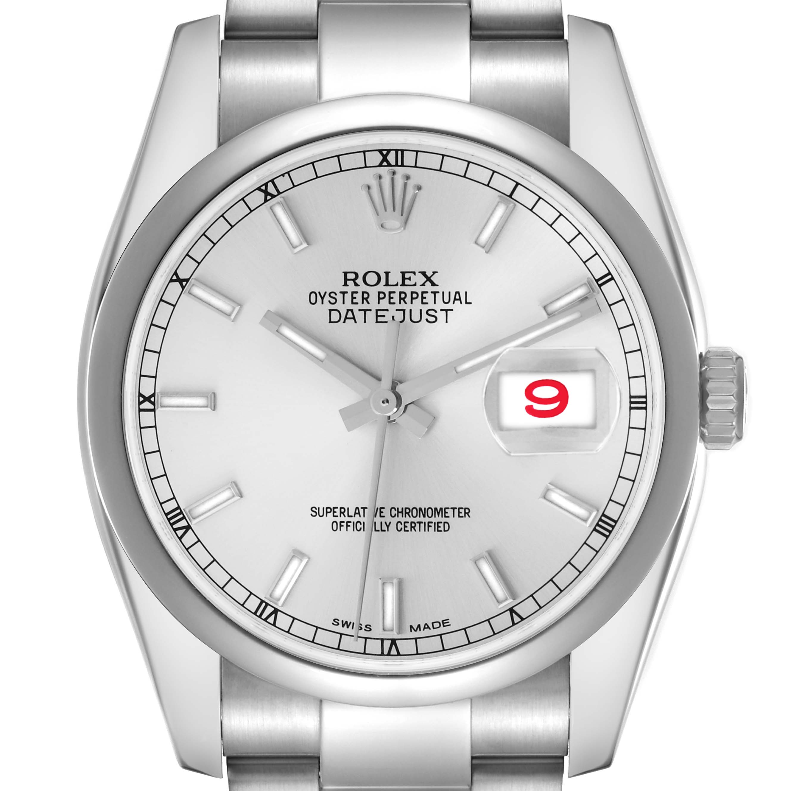 The Rolex Datejust 116200 Men's Stainless Steel Silver Dial 116200 Men's Stainless Steel Silver Dial watch is shown from a front angle, highlighting the dial, date window, and bracelet links.