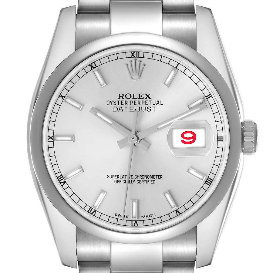 The Rolex Datejust watch is shown from a front angle, highlighting the dial, date window, and bracelet links.
