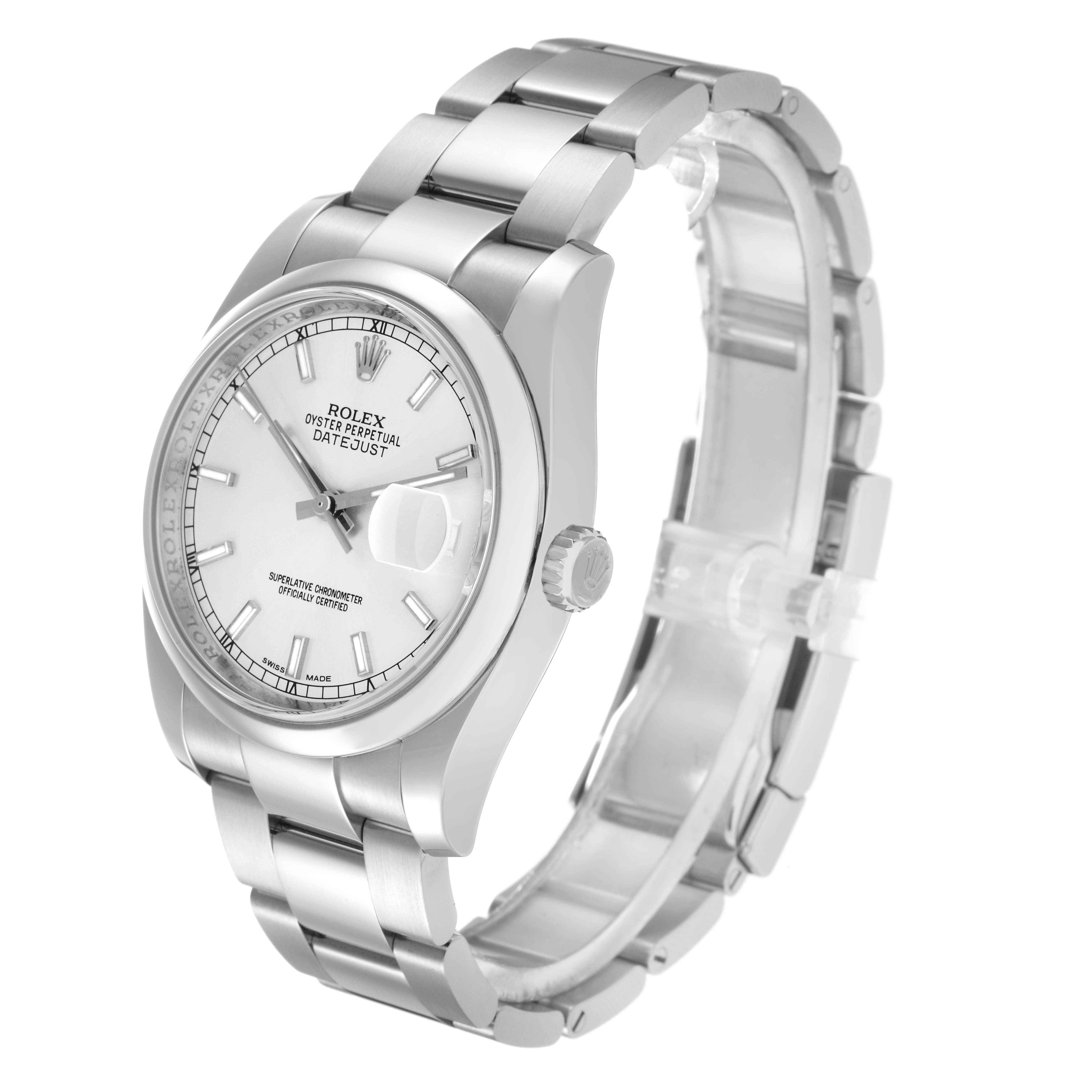 The Rolex Datejust 116200 Men's Stainless Steel Silver Dial 116200 Men's Stainless Steel Silver Dial watch is shown at a three-quarter angle, highlighting the dial, bezel, bracelet, and crown.
