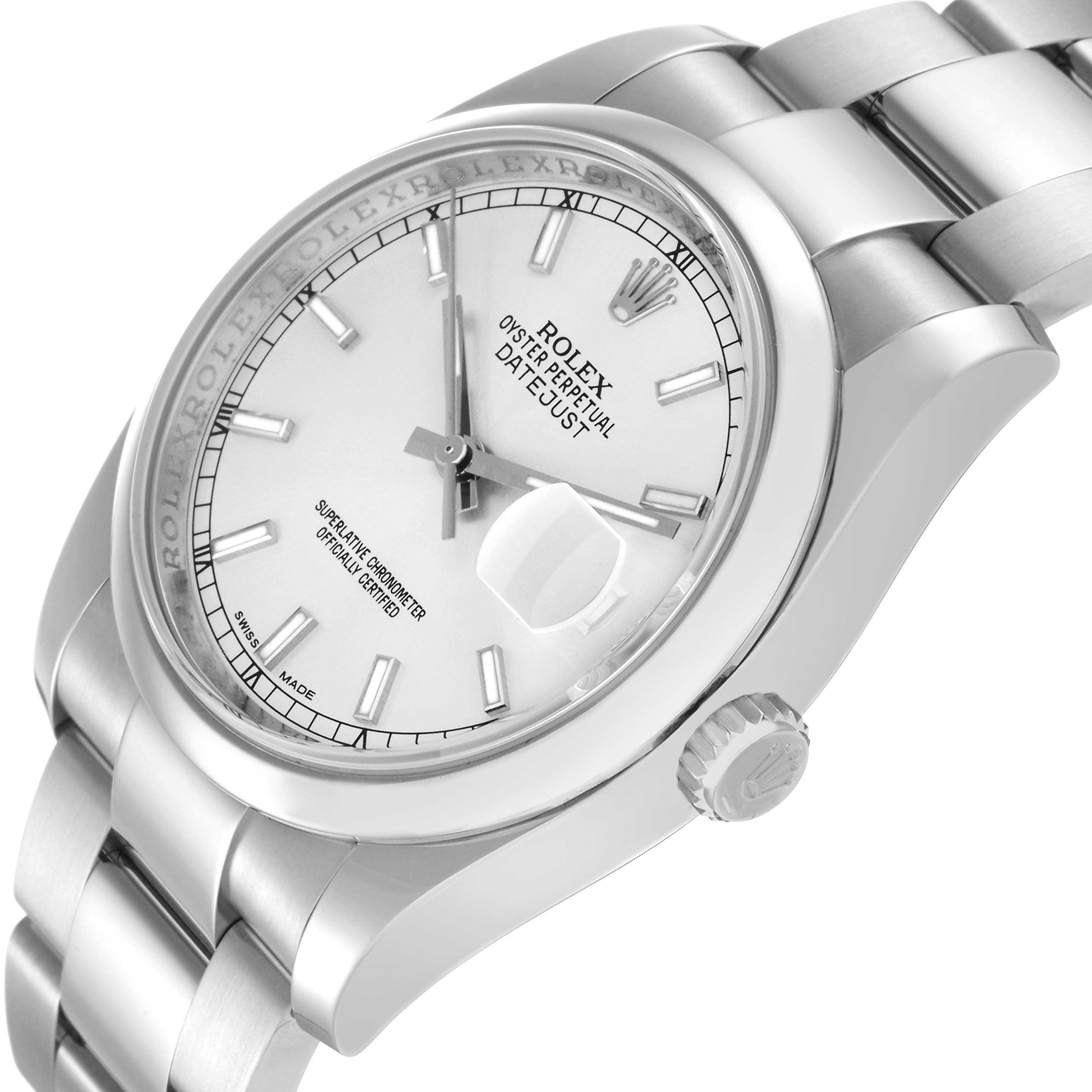 The Rolex Datejust 116200 Men's Stainless Steel Silver Dial 116200 Men's Stainless Steel Silver Dial watch is shown at a three-quarter angle, displaying the face, crown, and bracelet links.