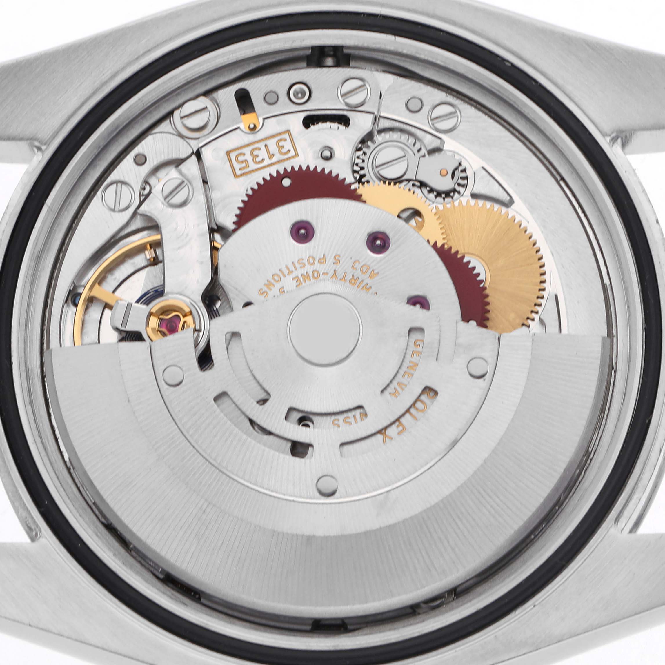 The image shows the back of a Rolex Datejust 116200 Men's Stainless Steel Silver Dial 116200 Men's Stainless Steel Silver Dial watch, highlighting the movement and internal components.