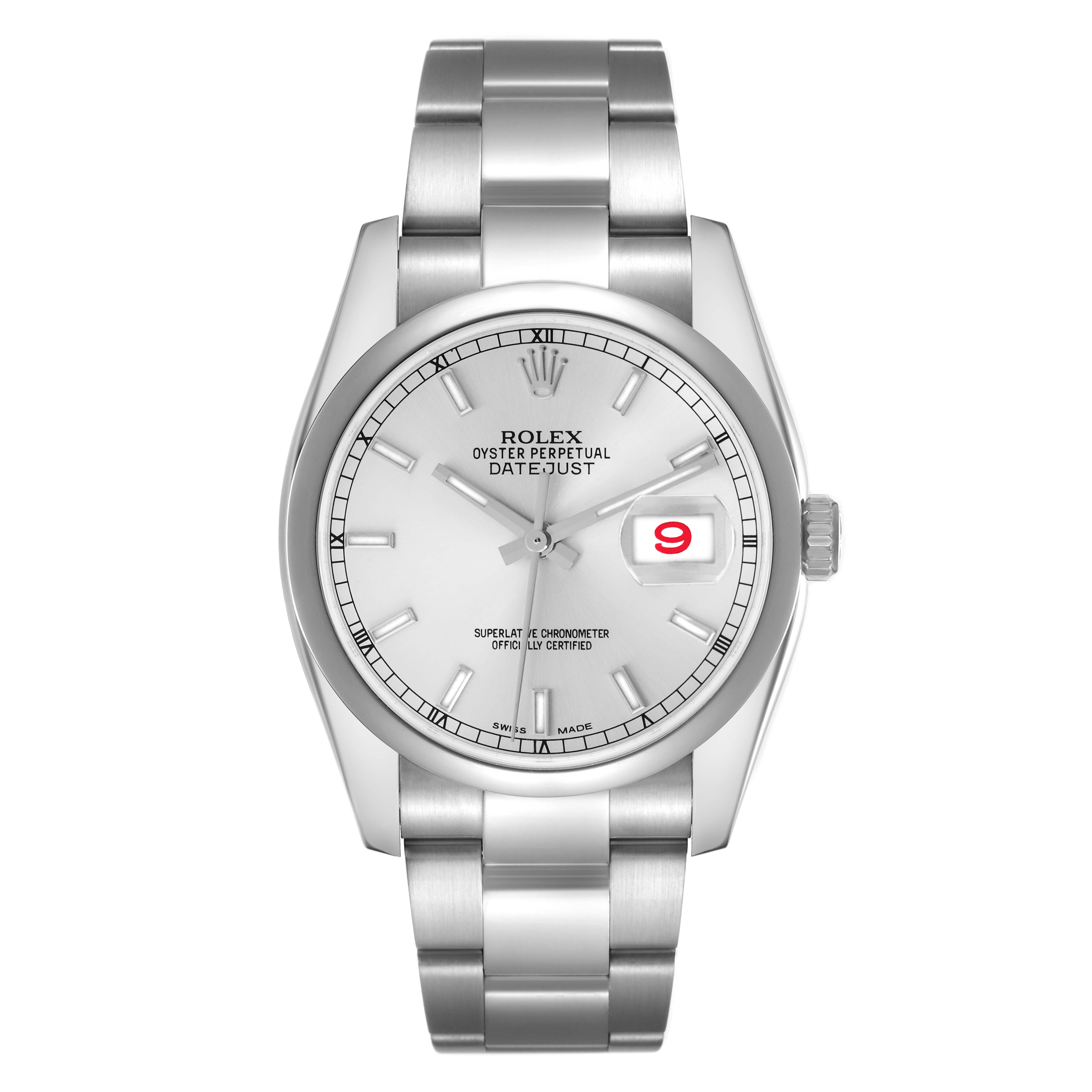 The Rolex Datejust 116200 Men's Stainless Steel Silver Dial 116200 Men's Stainless Steel Silver Dial watch is shown from a front angle, displaying the dial, hands, bracelet, and date function.