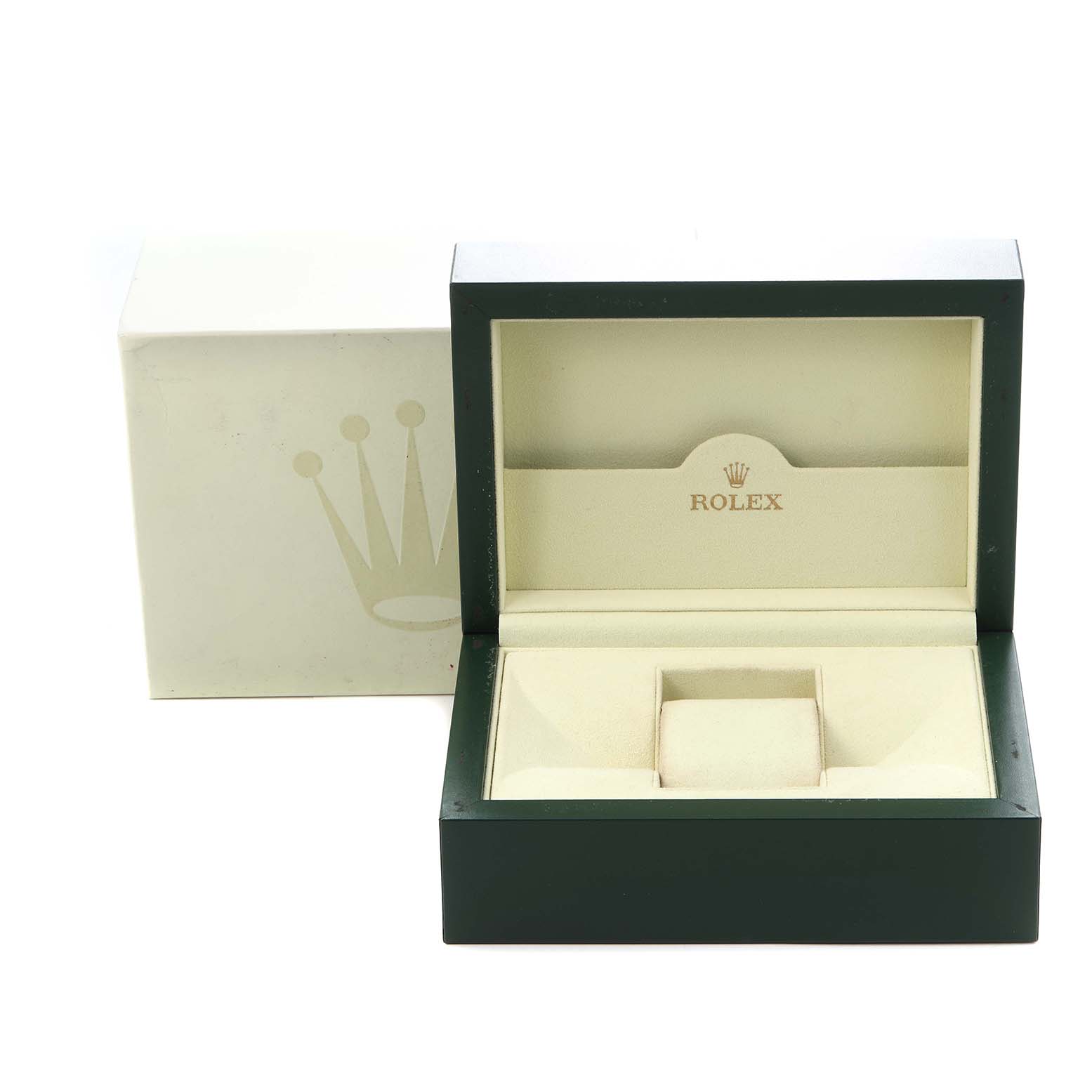 The image shows an open Rolex Datejust 116200 Men's Stainless Steel Silver Dial 116200 Men's Stainless Steel Silver Dial watch box from a front angle, revealing its interior compartments.