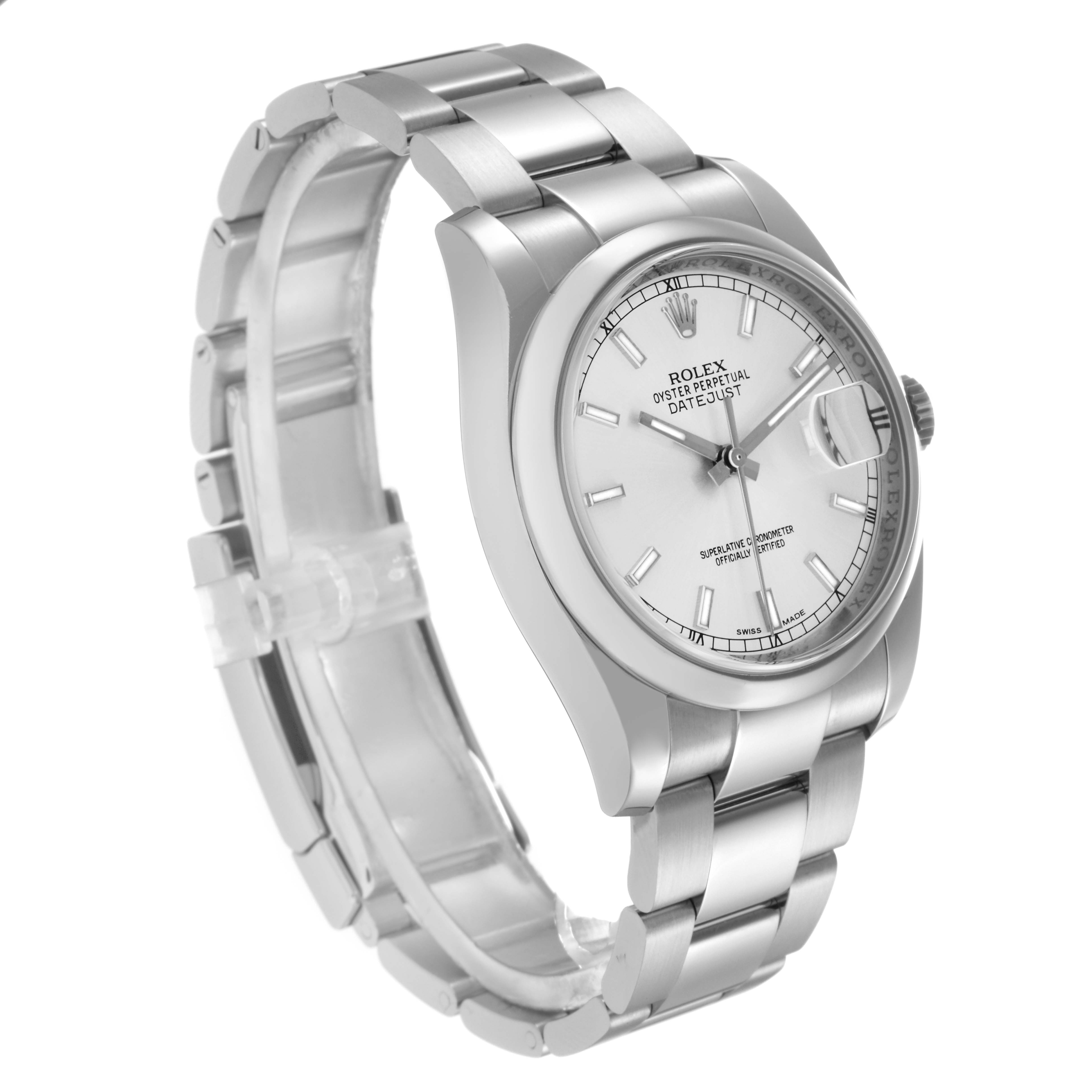 The Rolex Datejust 116200 Men's Stainless Steel Silver Dial 116200 Men's Stainless Steel Silver Dial watch is shown from an angled side view, highlighting the case, dial, bracelet, and clasp.