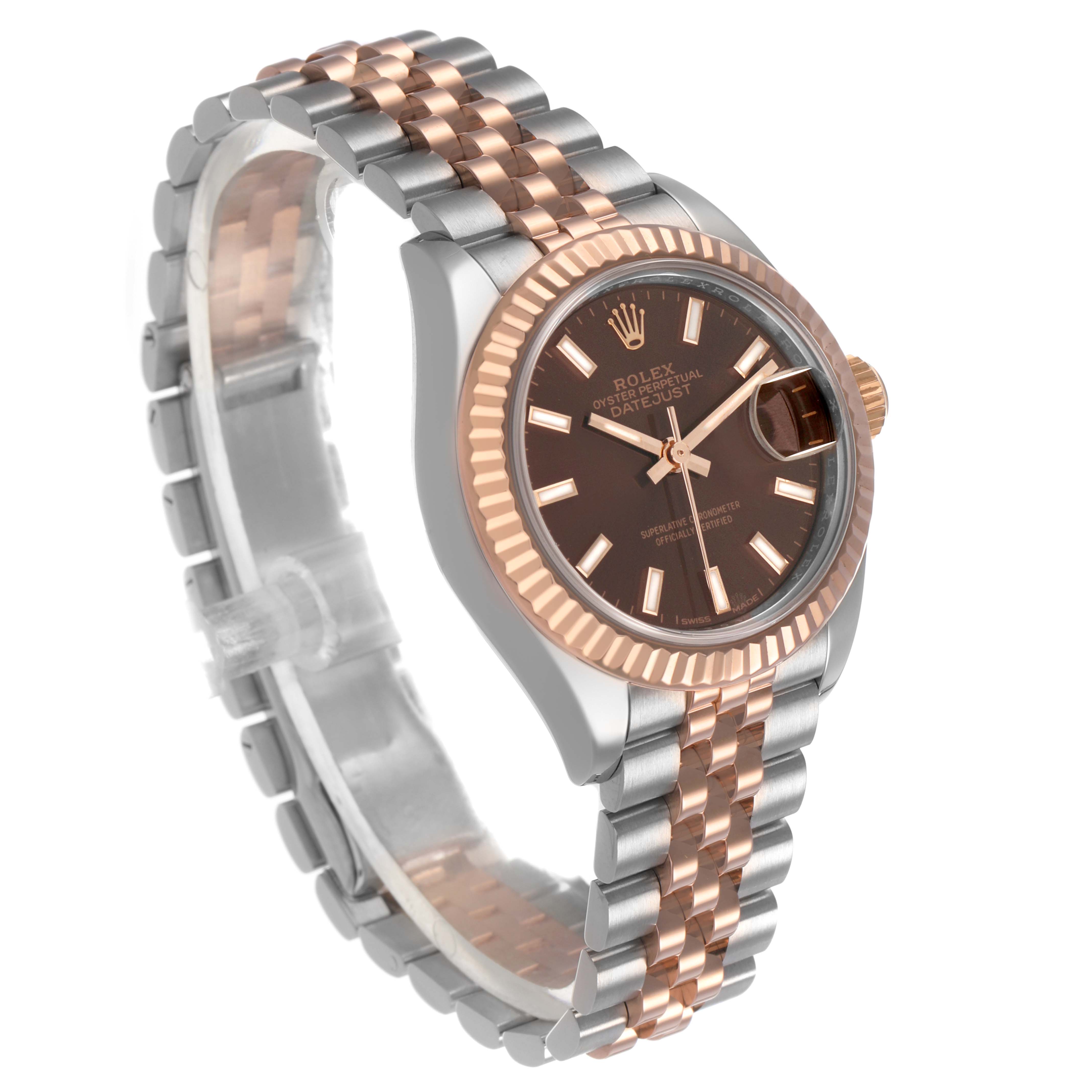 The Rolex Datejust 279171 Women's Stainless Steel Brown Dial watch is shown from a three-quarter angle, displaying the dial, fluted bezel, and jubilee bracelet.