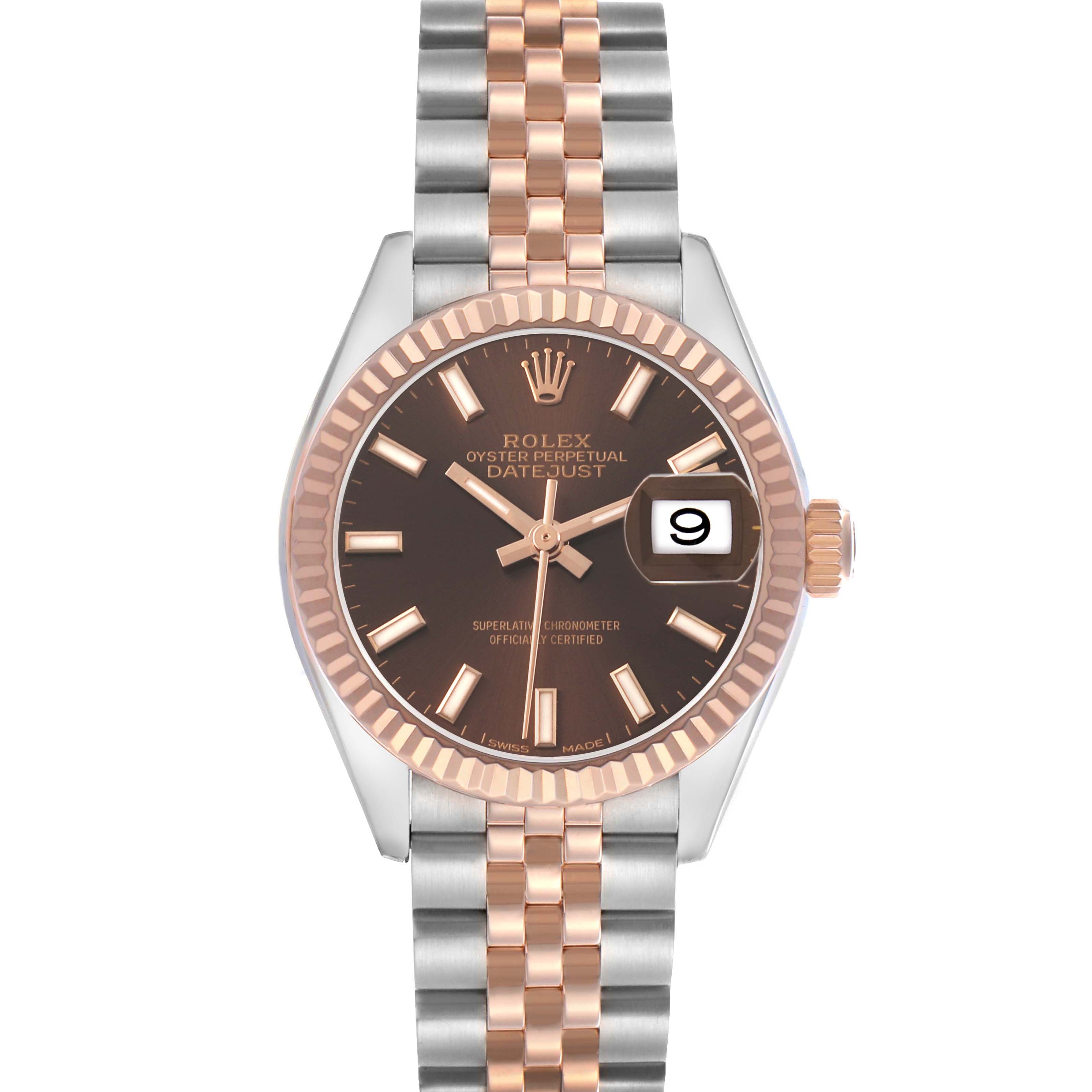 The Rolex Datejust 279171 Women's Stainless Steel Brown Dial watch is shown from the front, highlighting its dial, bezel, and bracelet.