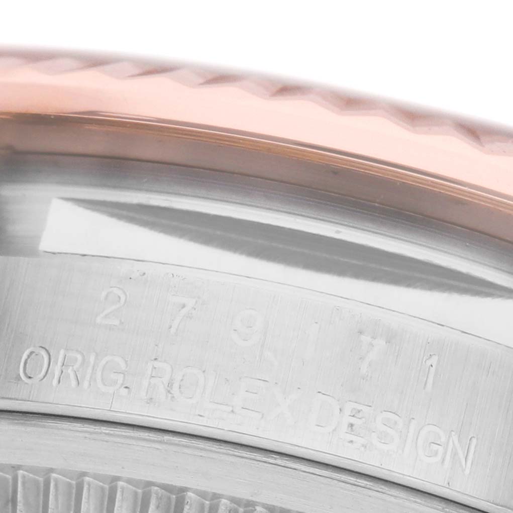 The image shows a close-up of the engraved side of a Rolex Datejust 279171 Women's Stainless Steel Brown Dial, highlighting the model number.