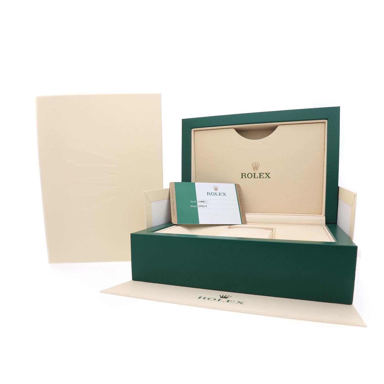 The image shows the packaging and accessories for a Rolex Datejust 279171 Women's Stainless Steel Brown Dial, including the box, warranty card, and manual.