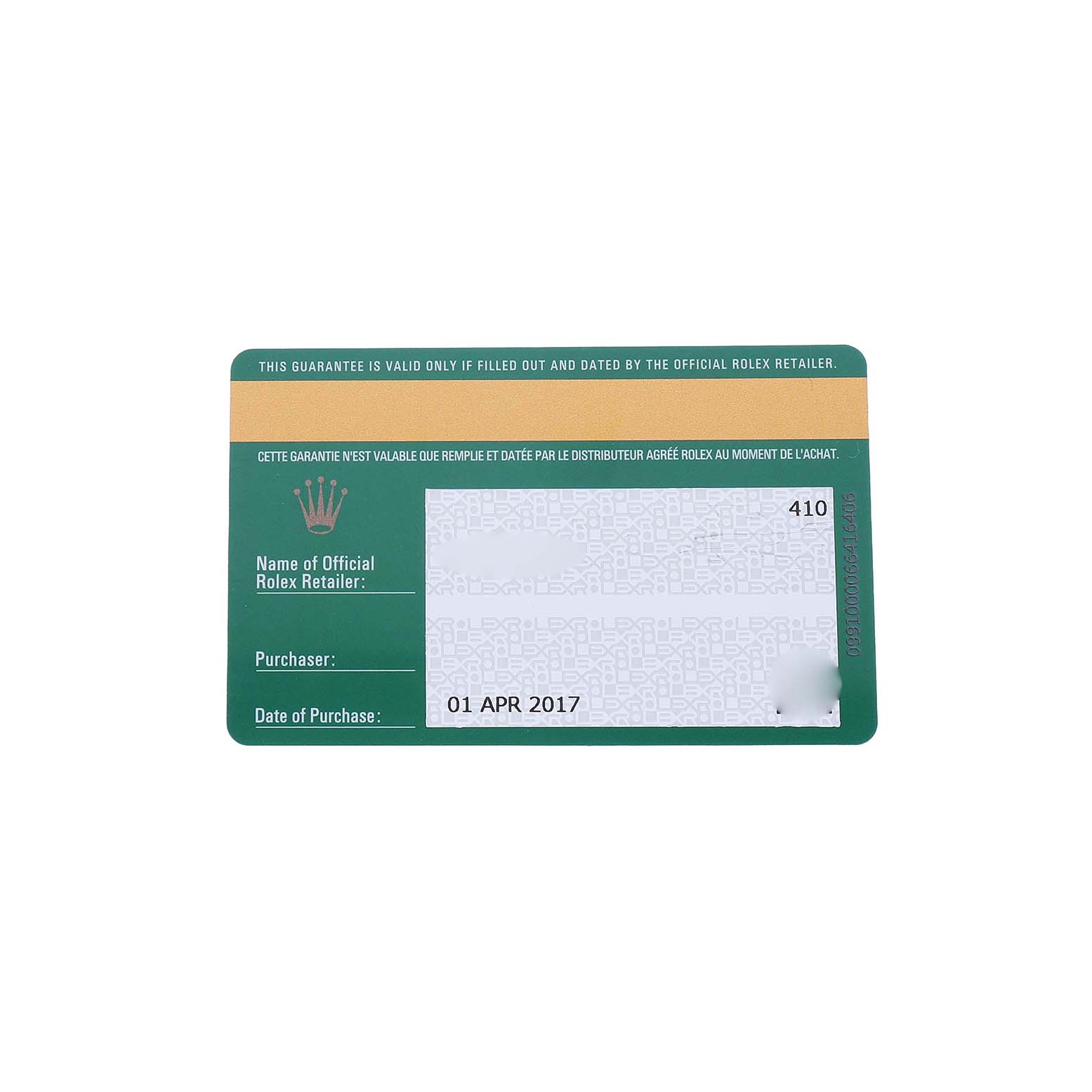 The image shows a warranty card for a Rolex Datejust 279171 Women's Stainless Steel Brown Dial, viewed from the top.