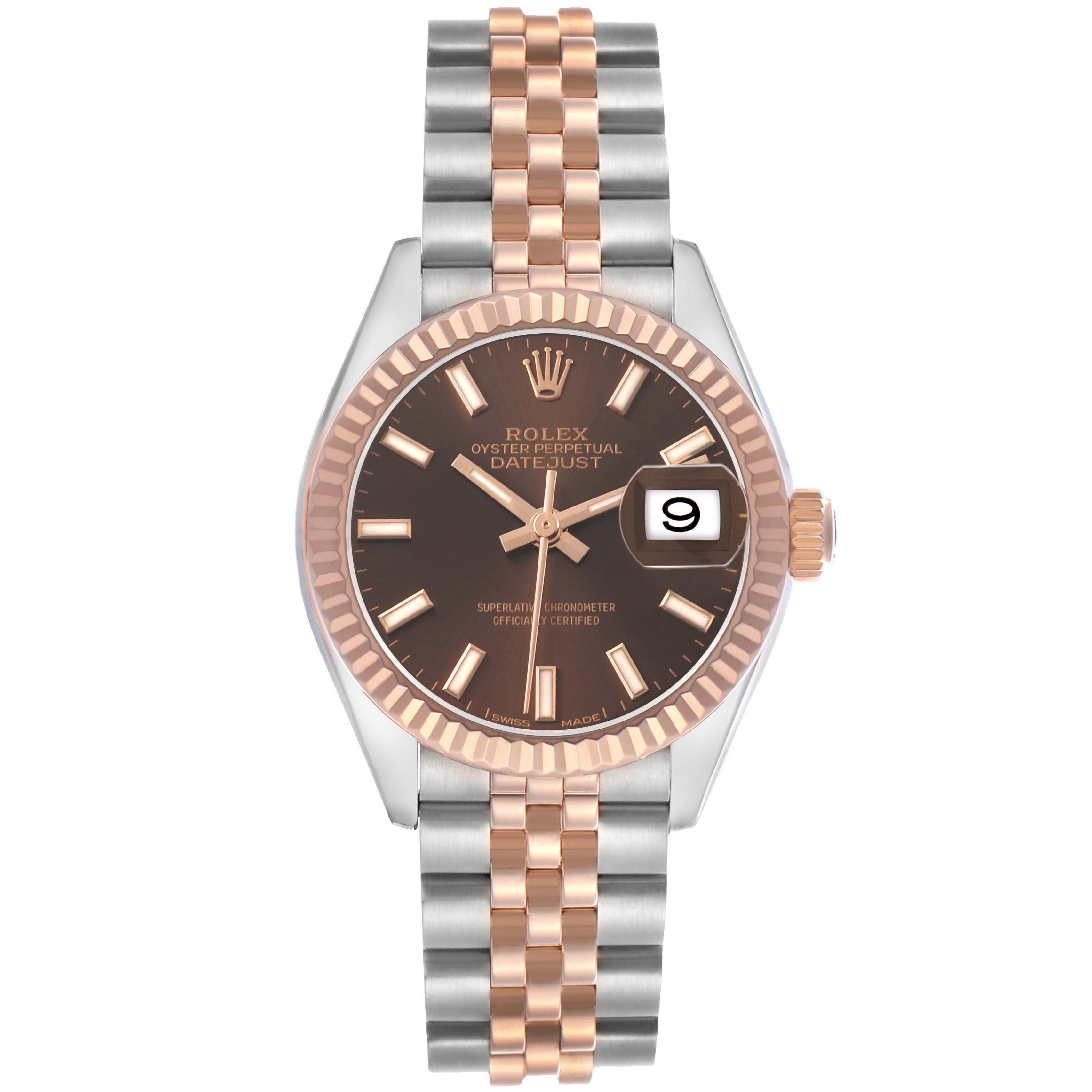 The Rolex Datejust 279171 Women's Stainless Steel Brown Dial is shown from a front view, highlighting its dial, bezel, bracelet, and date window.