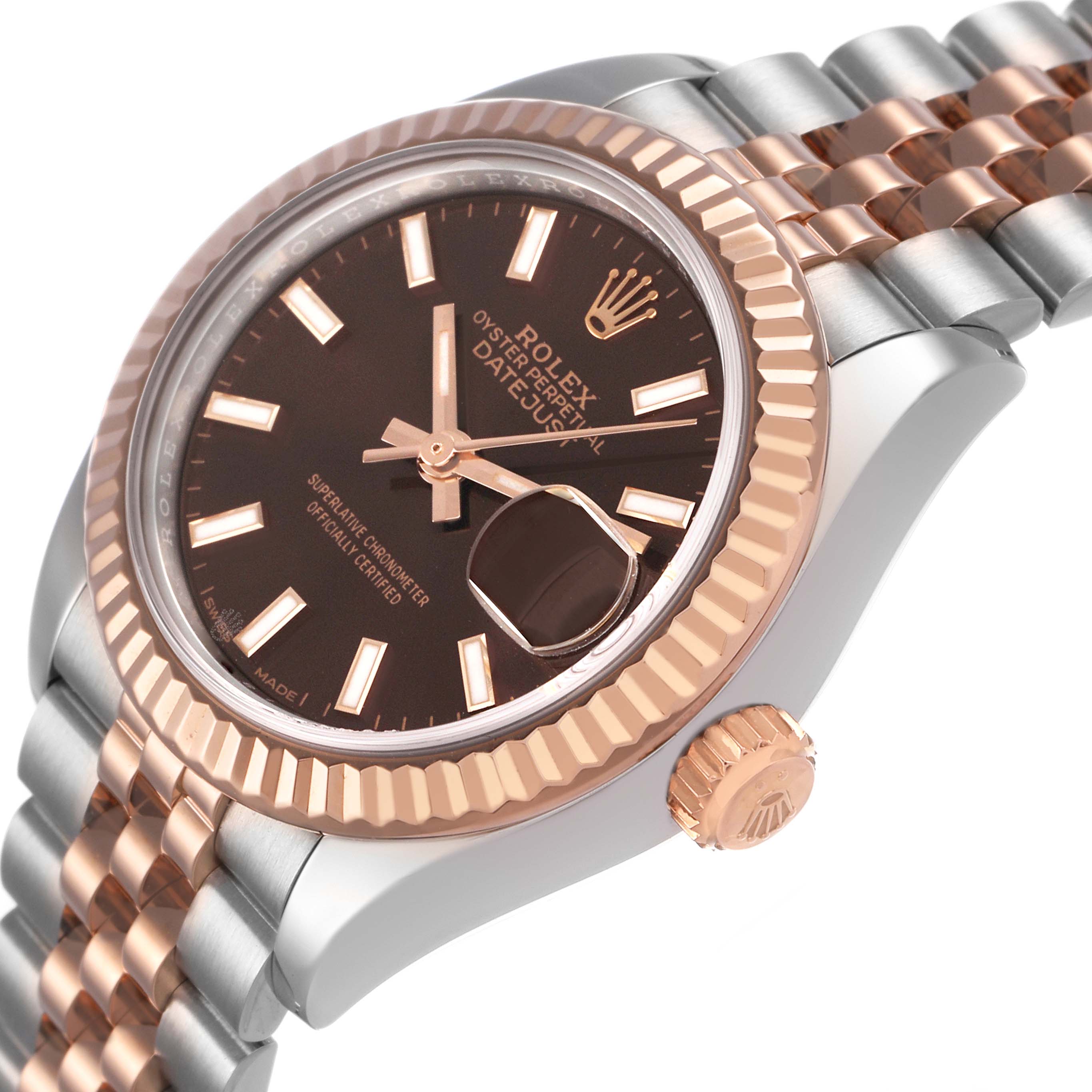 The image shows a Rolex Datejust 279171 Women's Stainless Steel Brown Dial watch at a slight angle, highlighting the bezel, crown, and part of the bracelet.