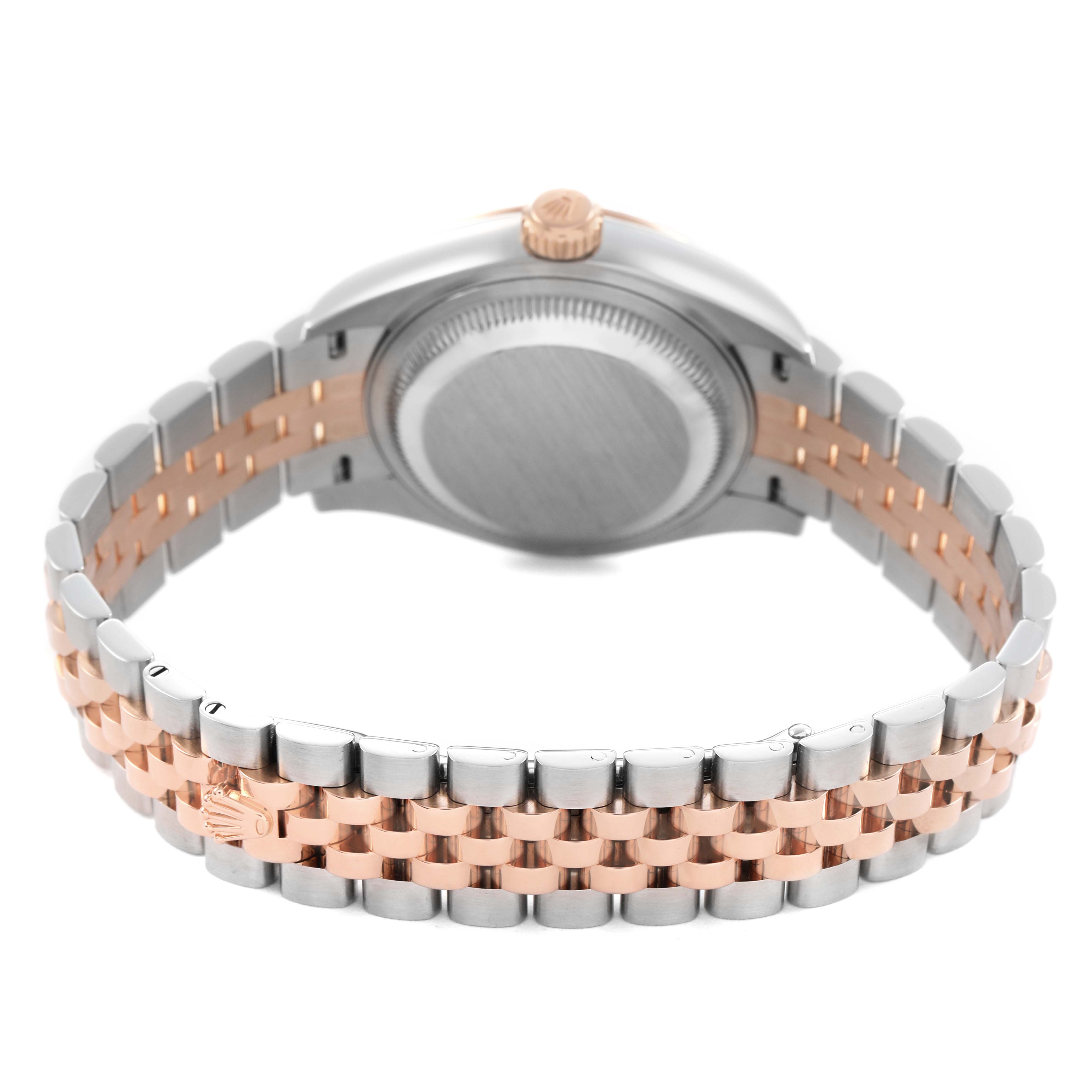 The image shows a rear view of the Rolex Datejust 279171 Women's Stainless Steel Brown Dial, highlighting the bracelet and case back.