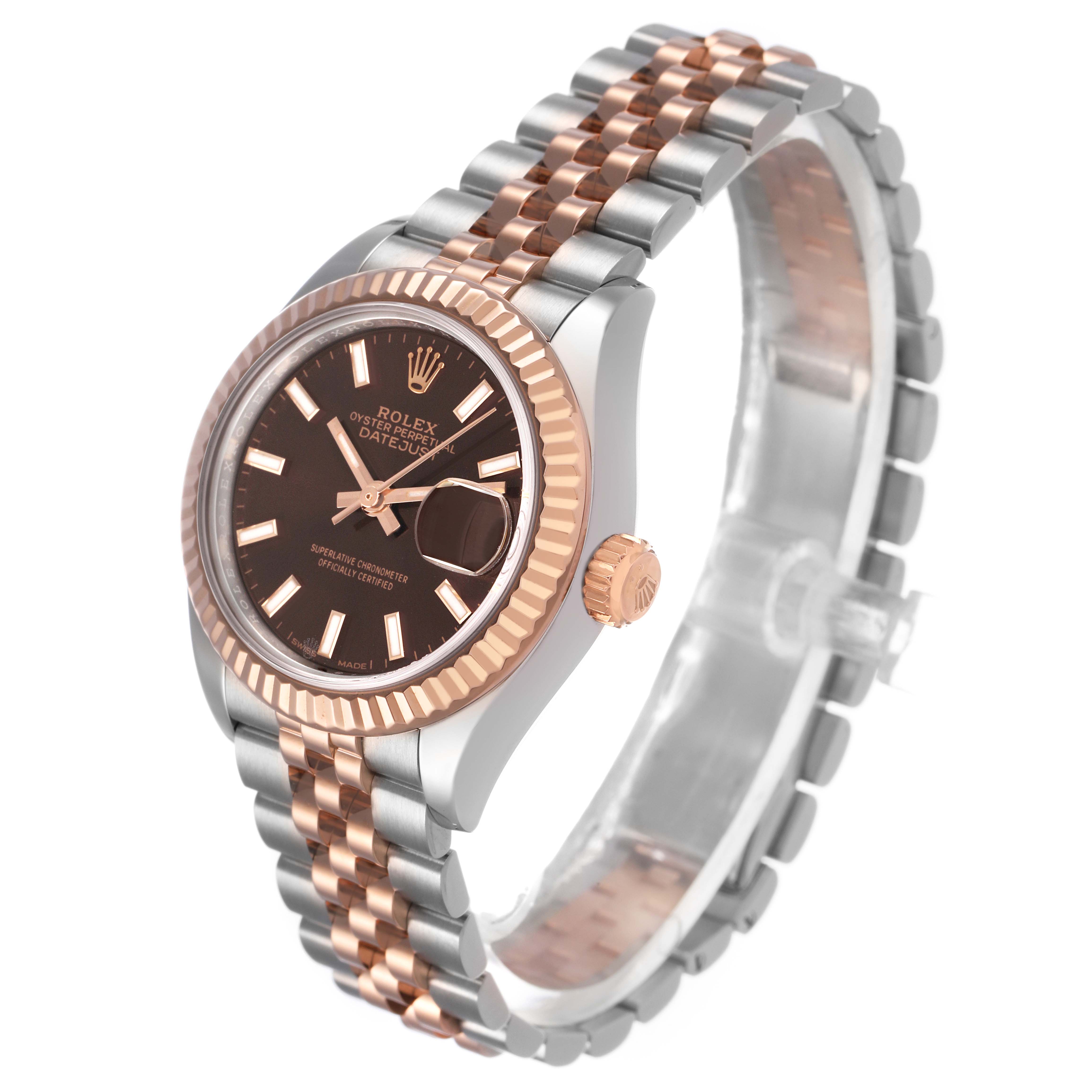 The Rolex Datejust 279171 Women's Stainless Steel Brown Dial watch is shown at a three-quarter angle highlighting the dial, crown, bezel, and two-tone jubilee bracelet.