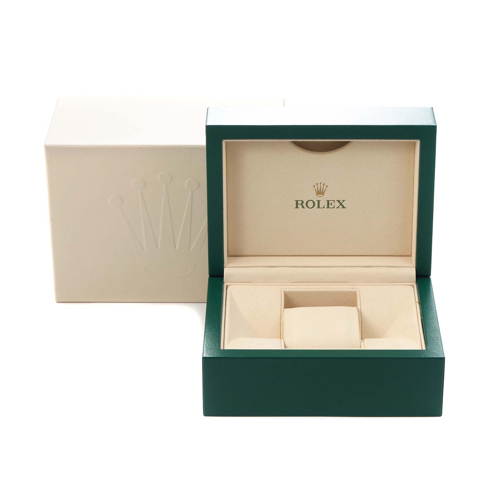 The image shows an open Rolex Datejust 279171 Women
s Steel and Gold (two tone) Purple Dial 279171 Women
s Steel and Gold (two tone) Purple Dial watch box, featuring a green exterior and beige interior with the Rolex logo.