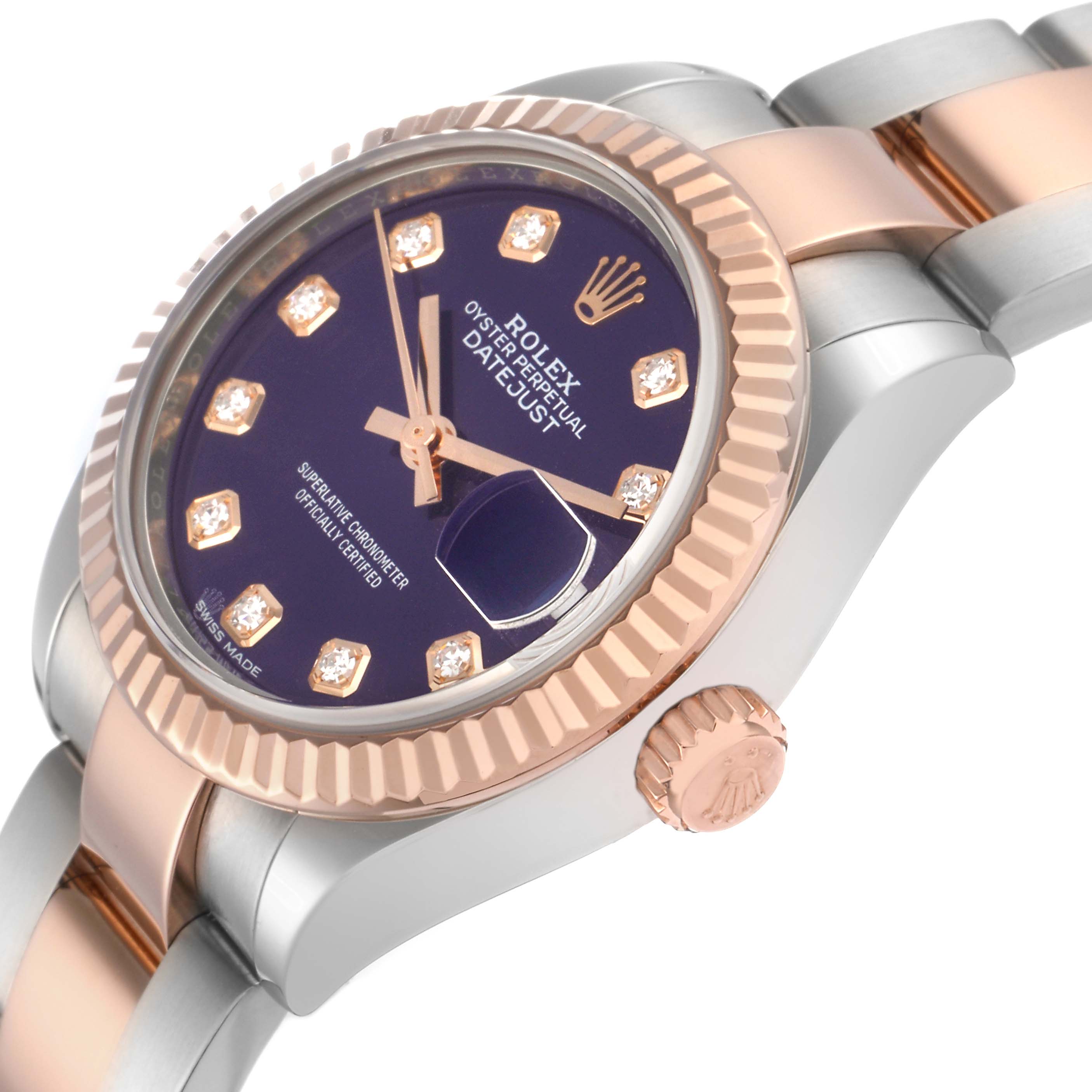 The image shows a Rolex Datejust 279171 Women
s Steel and Gold (two tone) Purple Dial 279171 Women
s Steel and Gold (two tone) Purple Dial watch from a slight top-side angle, highlighting the face, bezel, crown, and part of the bracelet.