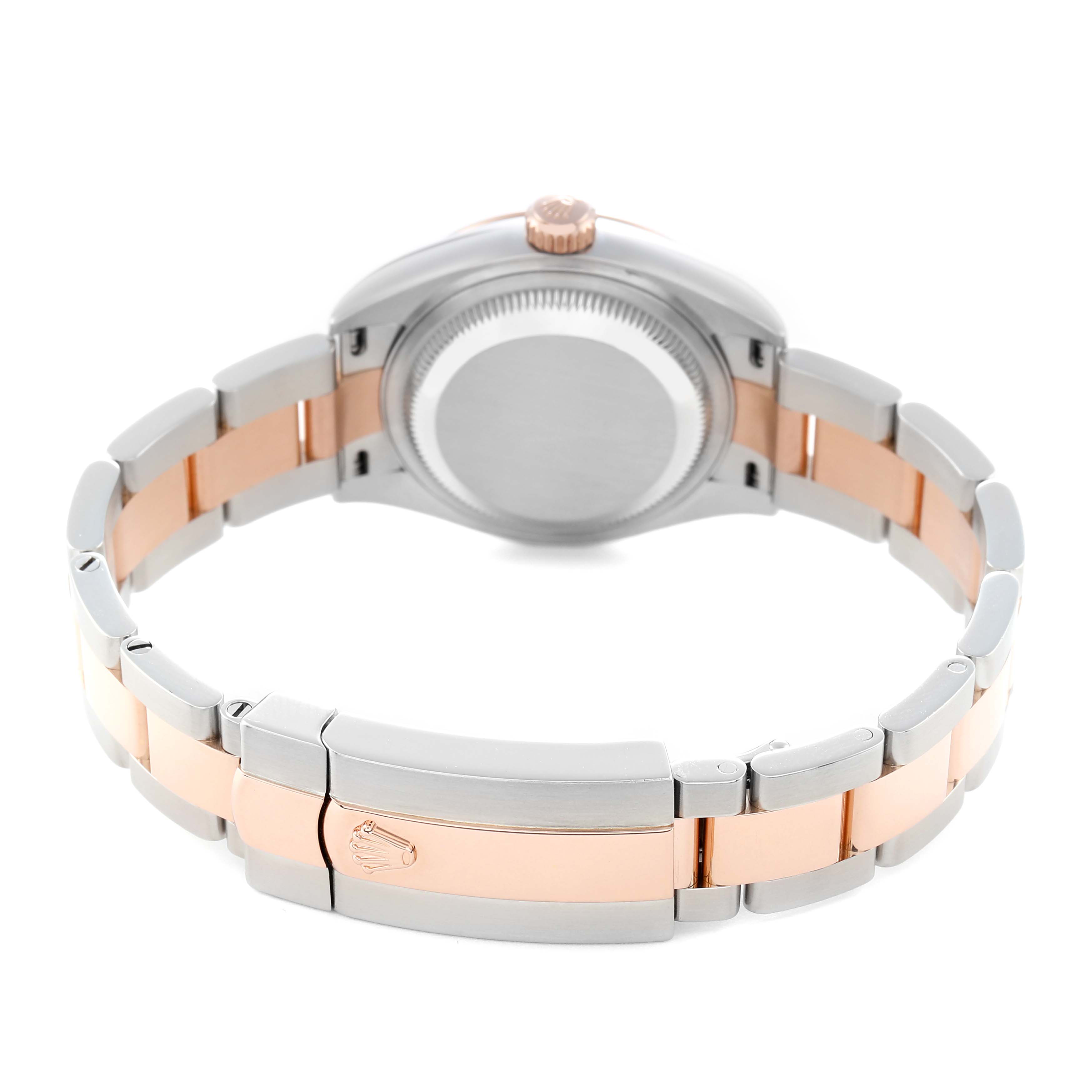 The image shows the back of a Rolex Datejust 279171 Women
s Steel and Gold (two tone) Purple Dial 279171 Women
s Steel and Gold (two tone) Purple Dial watch, highlighting the case back, crown, and two-tone bracelet.